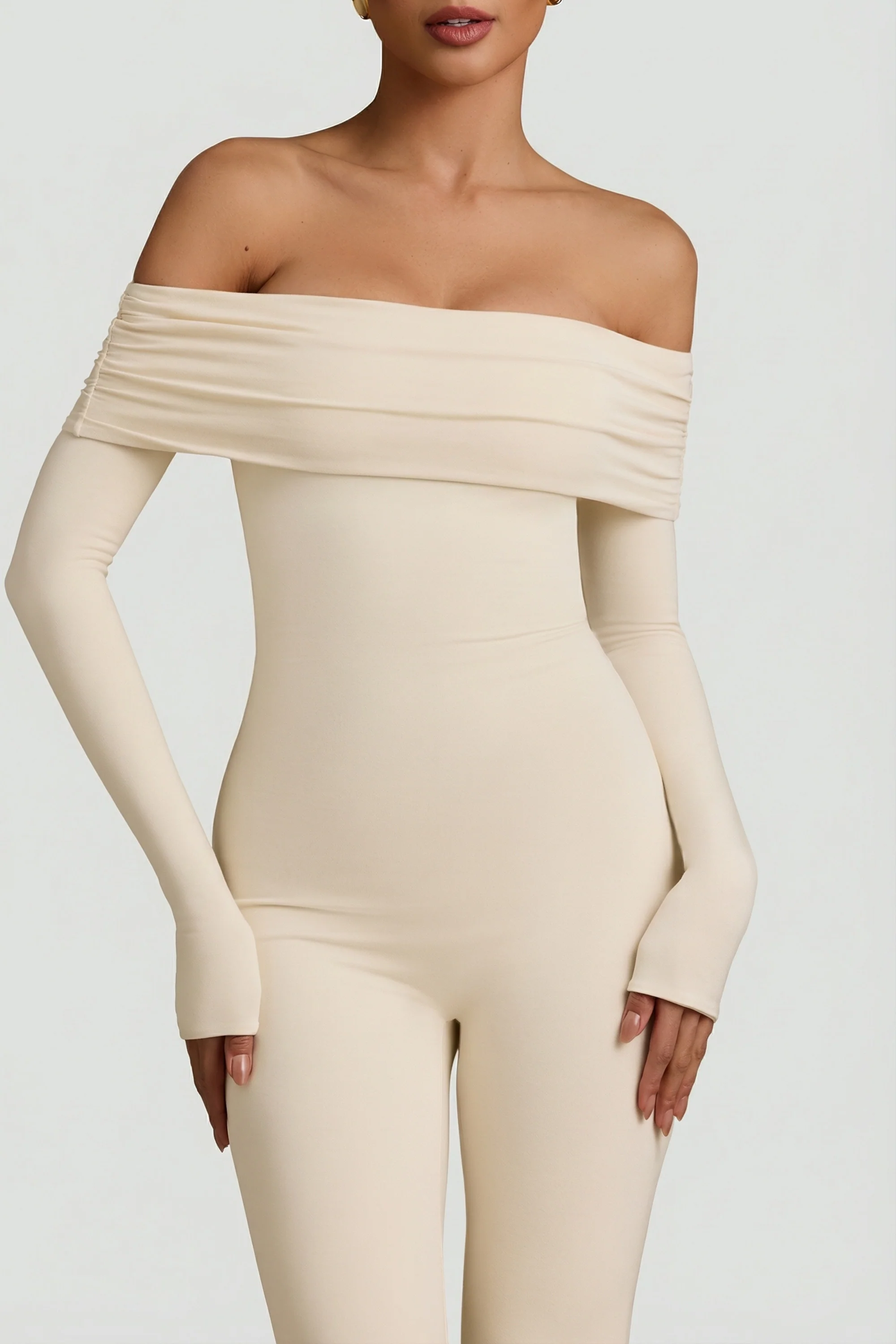 Modal Off-Shoulder Ruched Jumpsuit in Ivory - Image 4