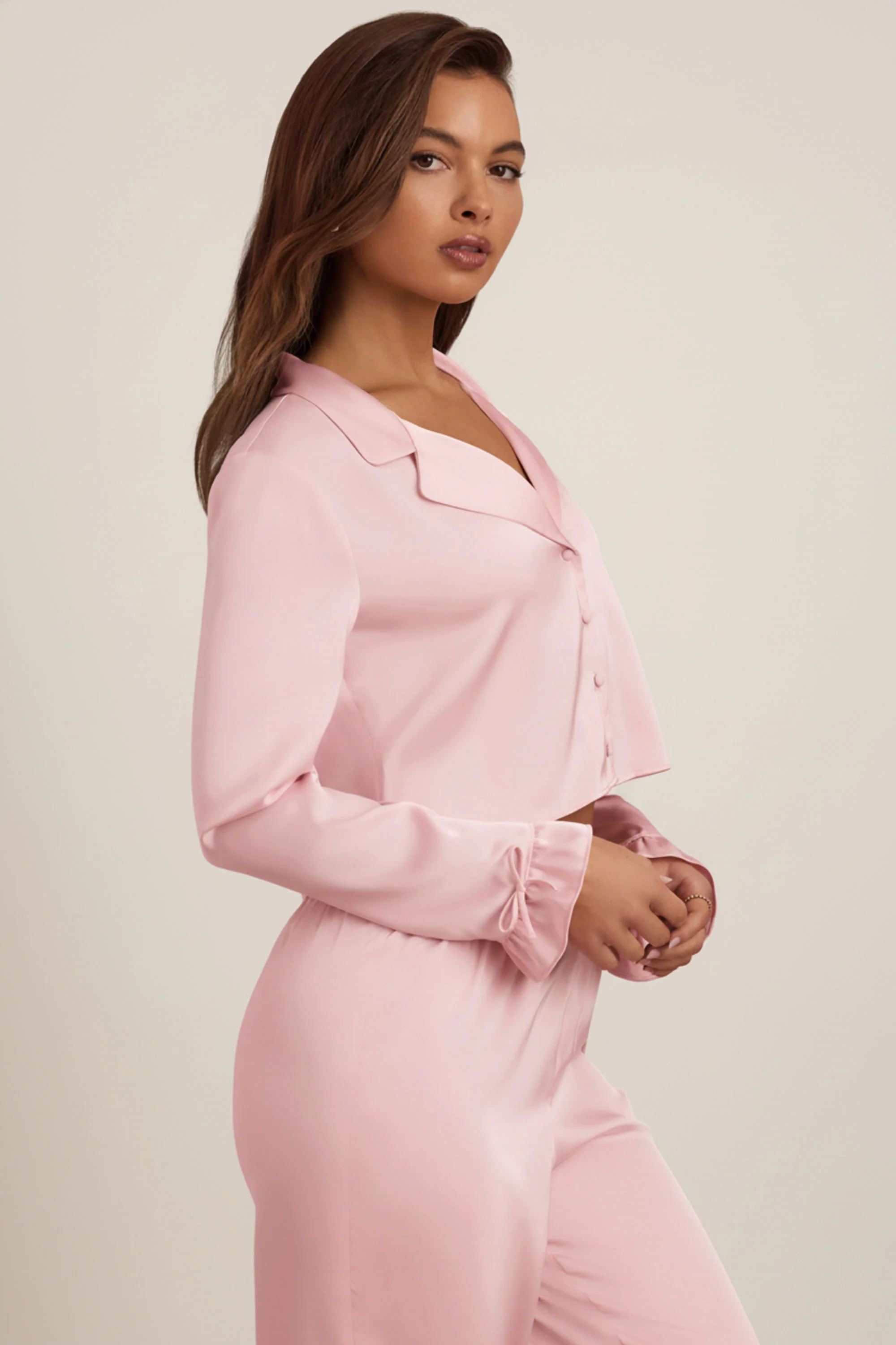 Ruffle-Trim Cropped Pyjama Top in Baby Pink - Image 3