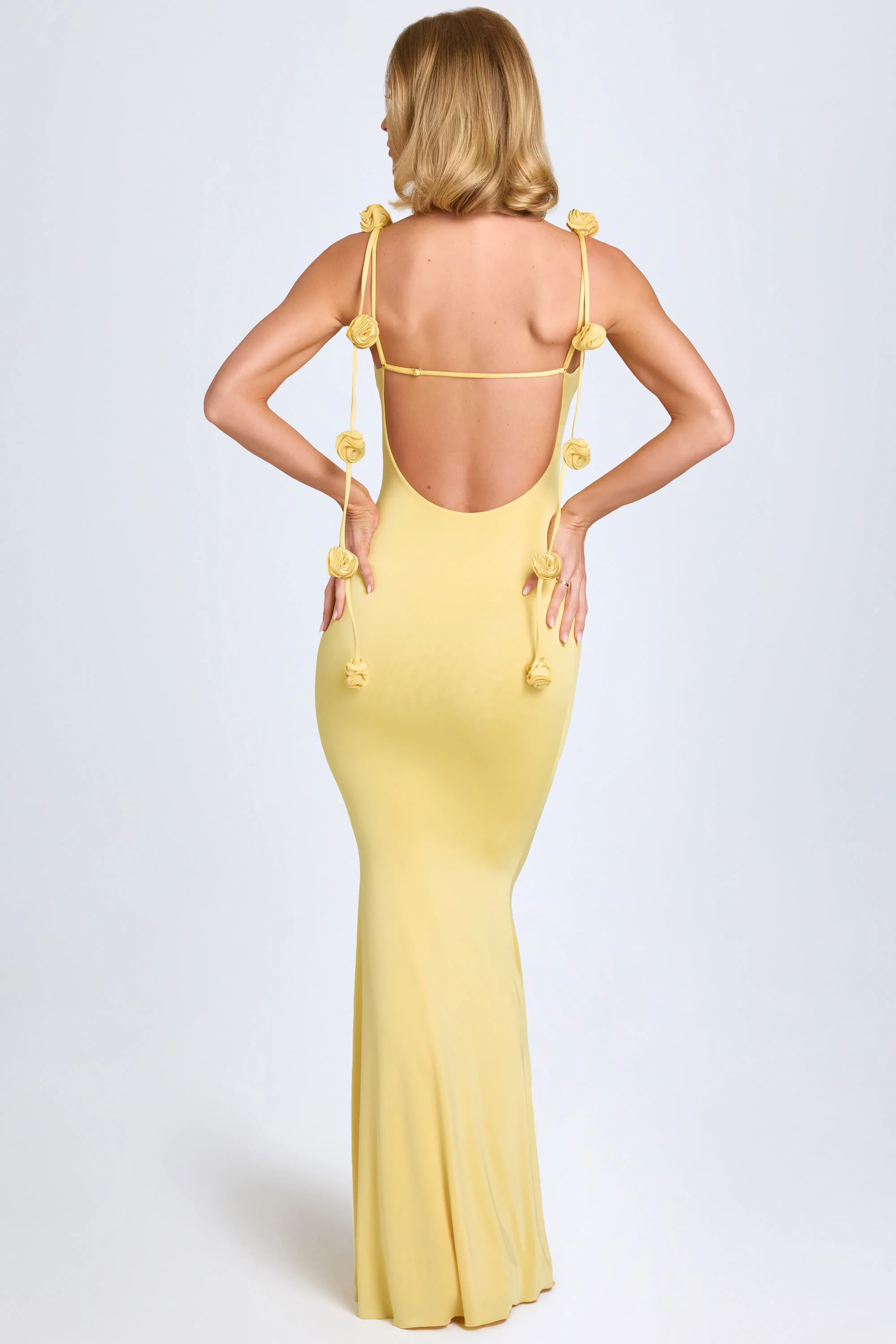 Slinky Jersey Floral-Appliqué Gown in Pastel Yellow - Image 6