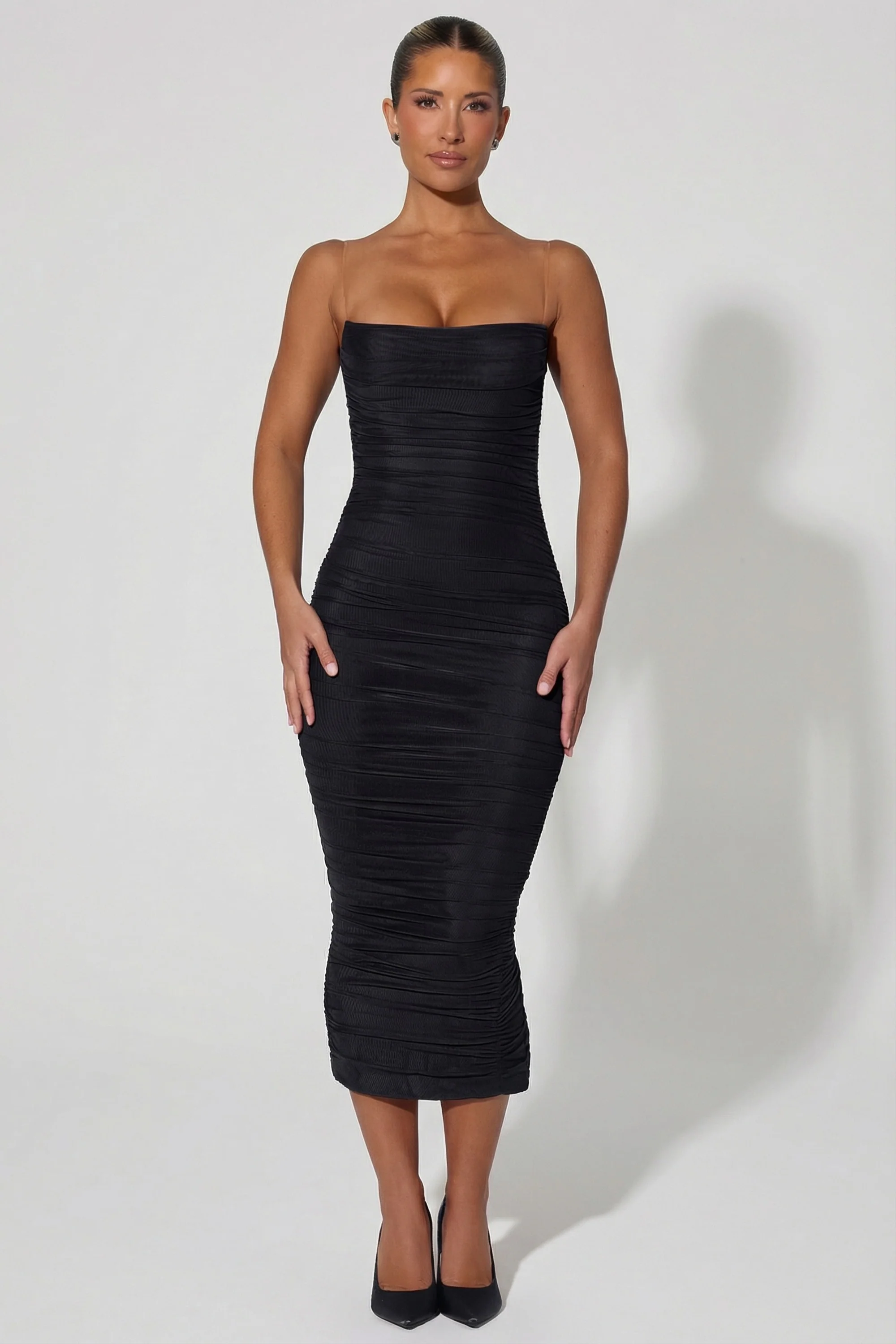 Ruched Backless Bodycon Midaxi Dress in Black