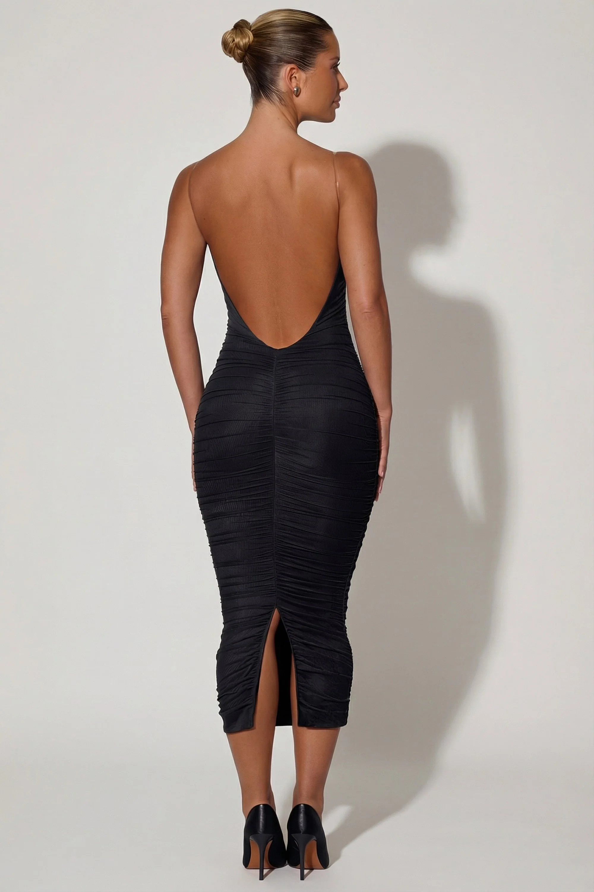 Ruched Backless Bodycon Midaxi Dress in Black - Image 2