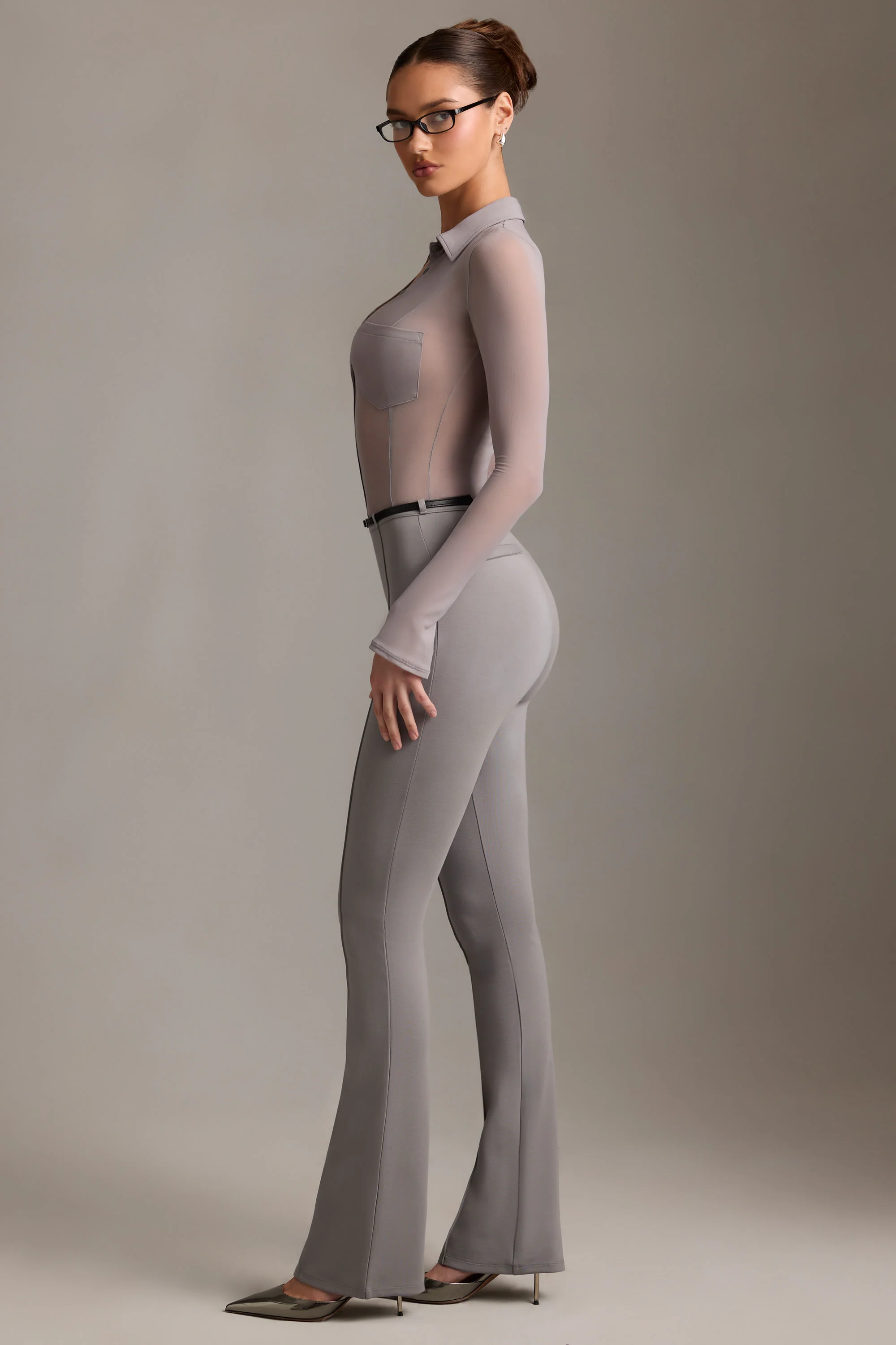 Low-Rise Flared Trousers in Grey - Image 3