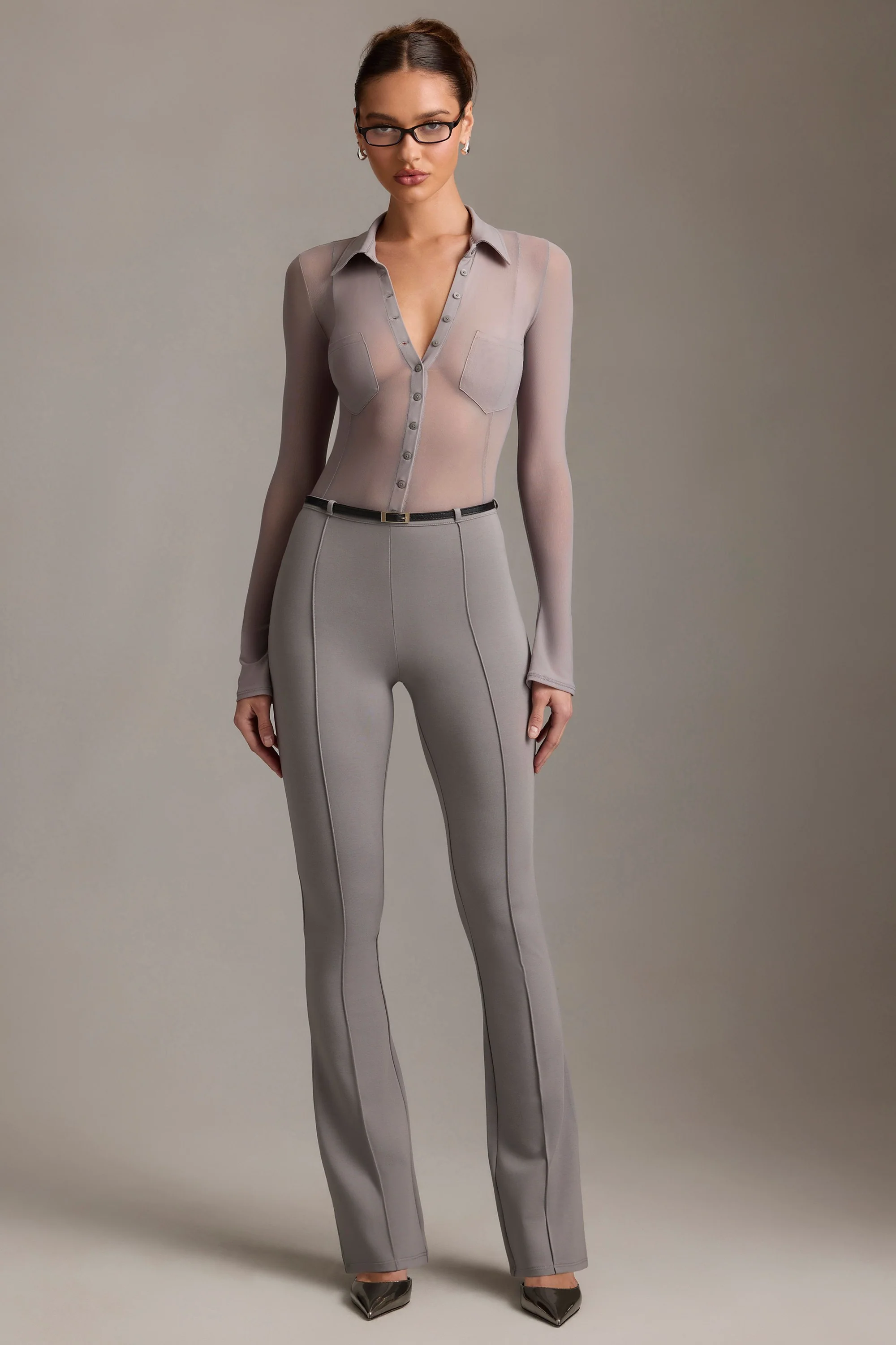 Low-Rise Flared Trousers in Grey - Image 5