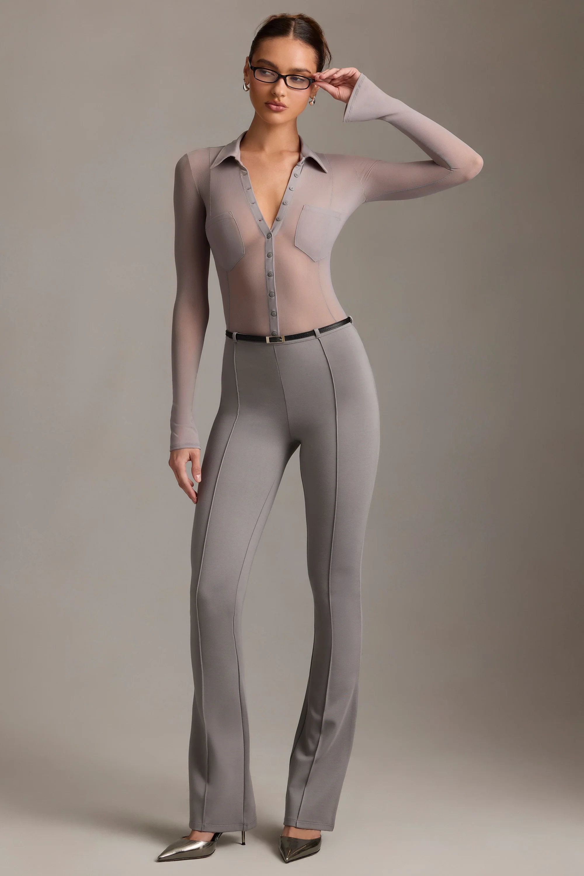 Low-Rise Flared Trousers in Grey - Image 9