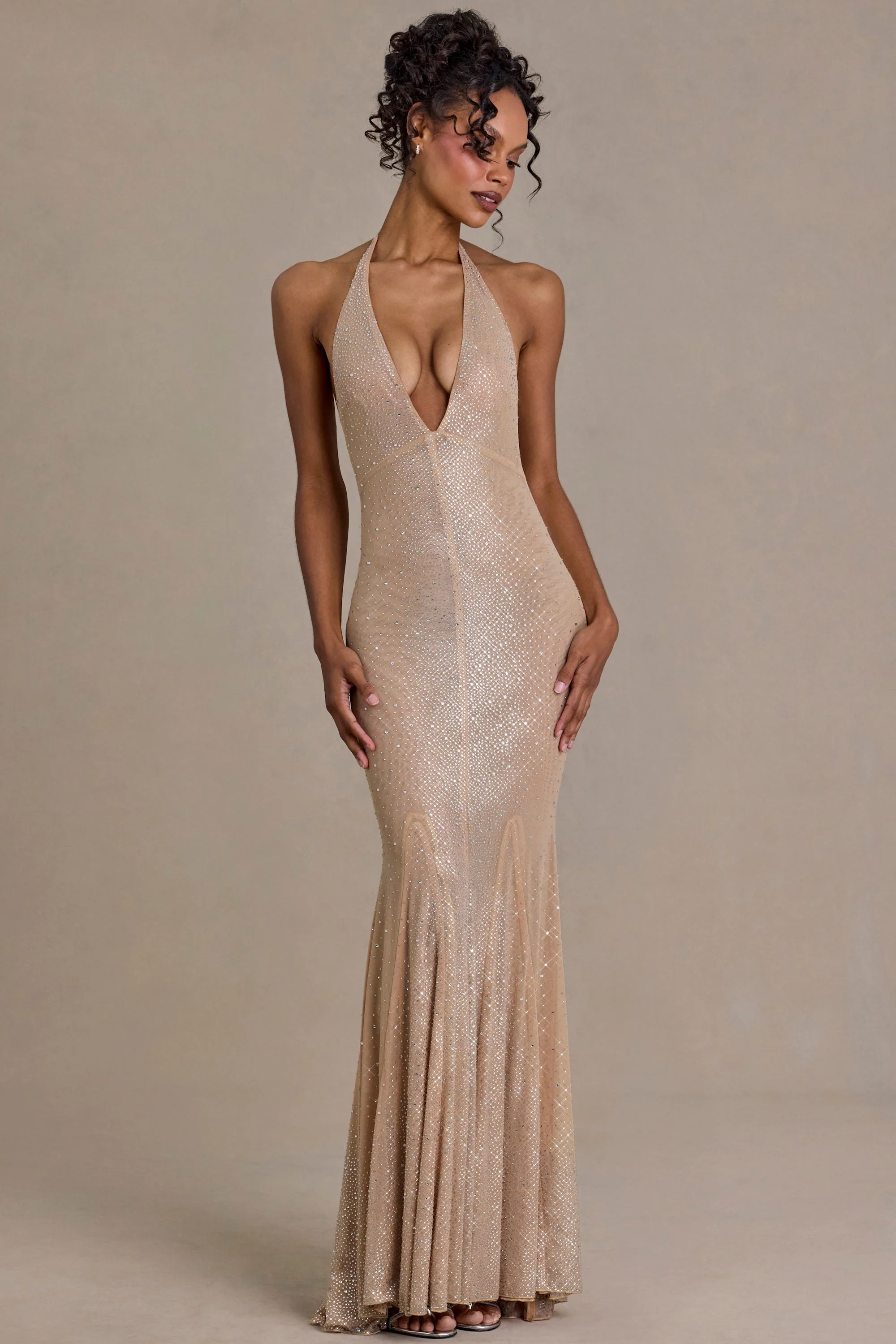 Premium Embellished Plunge-Neck Open-Back Gown in Beige Gold - Image 5