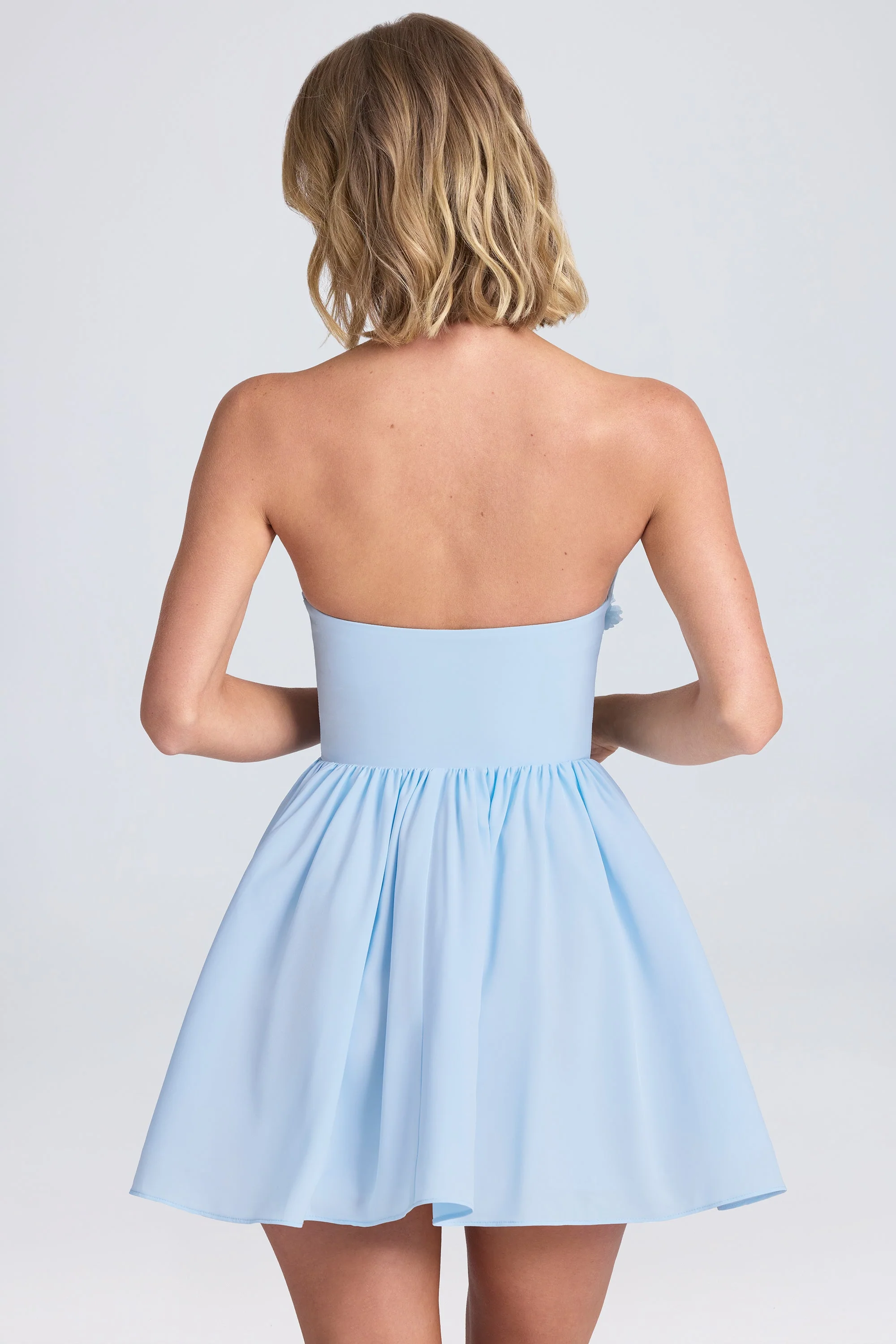 Halterneck Floral-Appliqué Corset Mini Dress in Powder Blue - Image 2