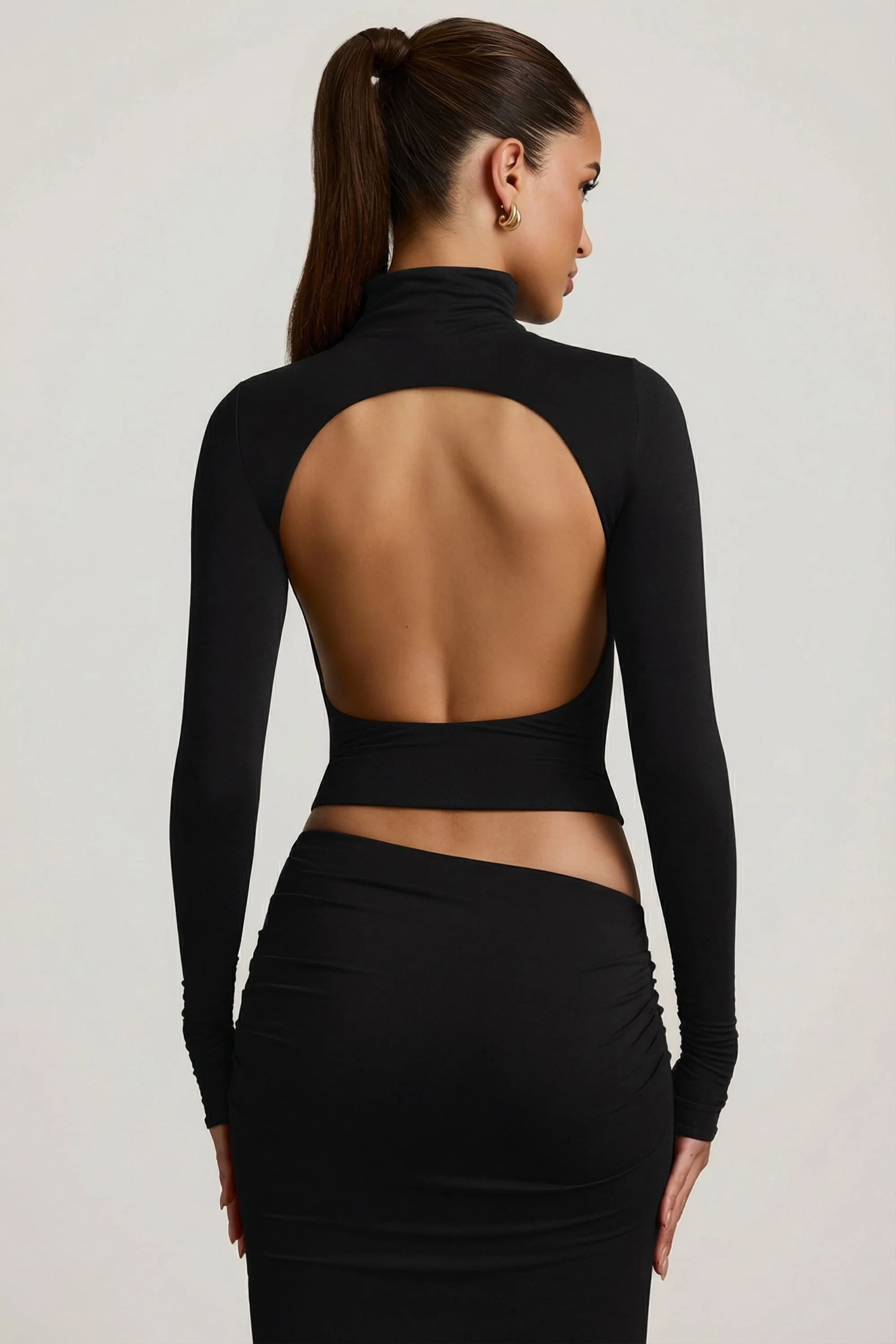 Modal Ruched Backless Turtleneck Top in Black - Image 2
