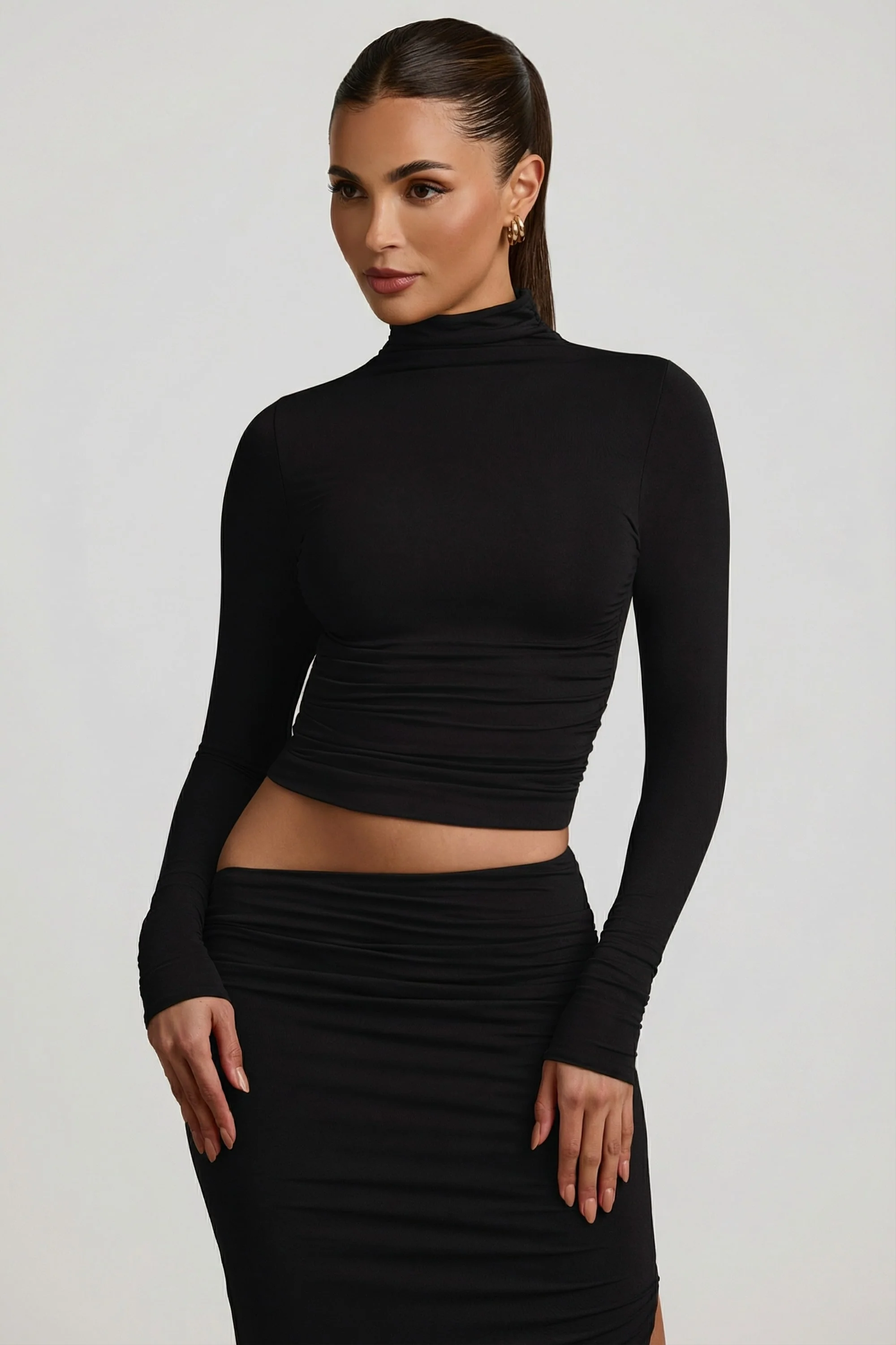 Modal Ruched Backless Turtleneck Top in Black - Image 5