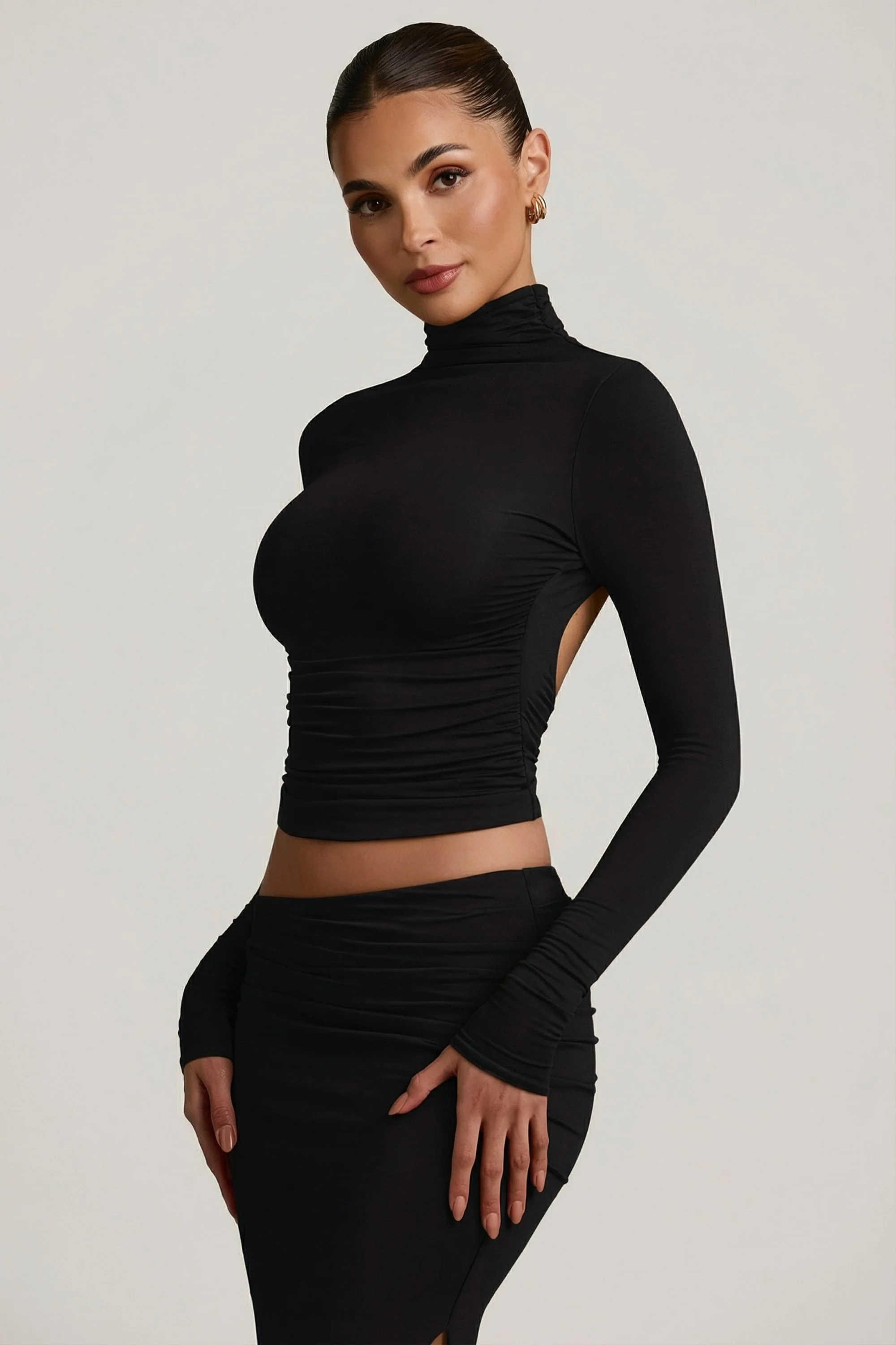 Modal Ruched Backless Turtleneck Top in Black - Image 6