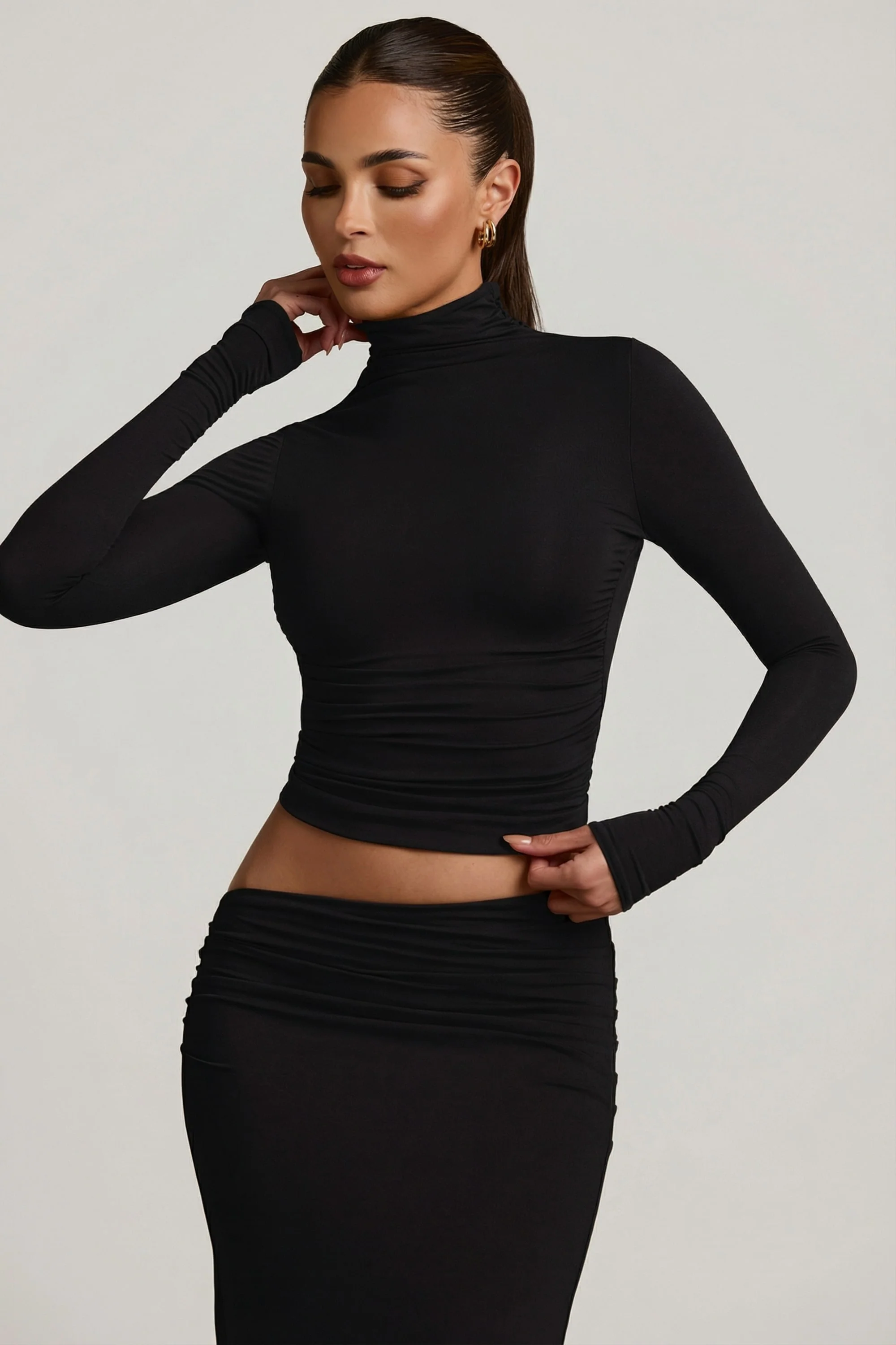 Modal Ruched Backless Turtleneck Top in Black - Image 8