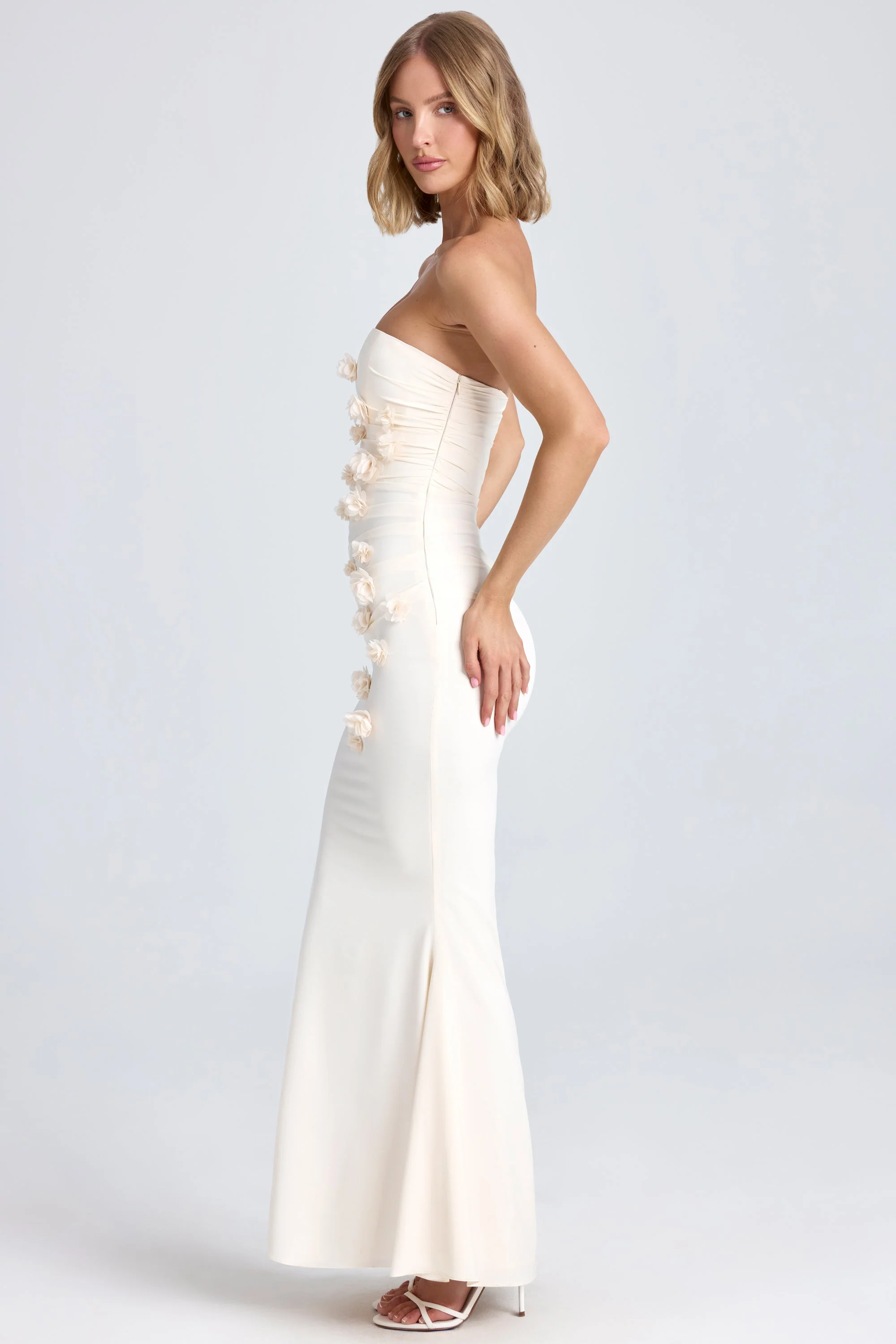 Draped Floral-Appliqué Maxi Dress in Ivory - Image 3