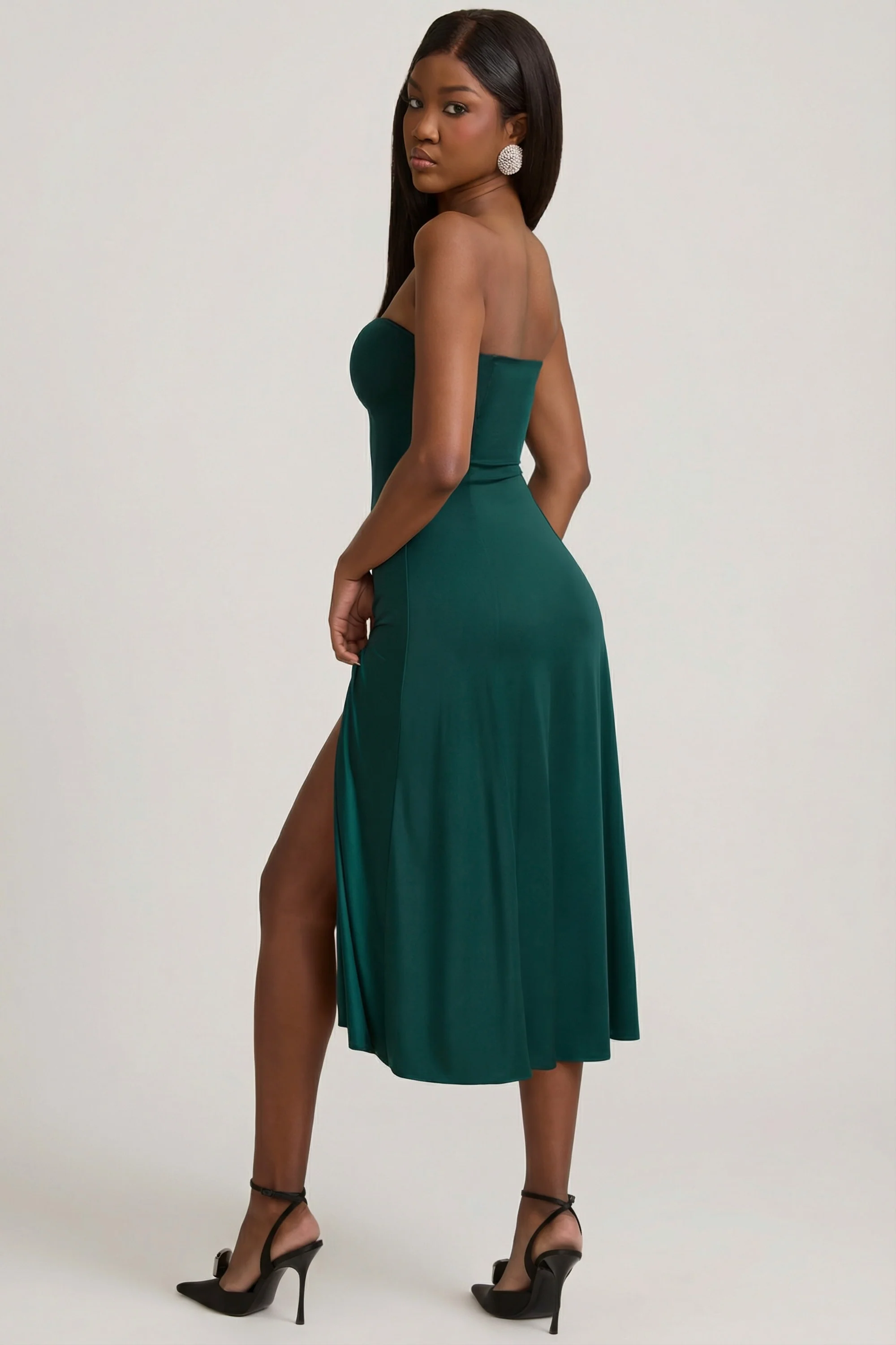 Slinky Jersey Strapless A-Line Midaxi Dress in Emerald Green - Image 6