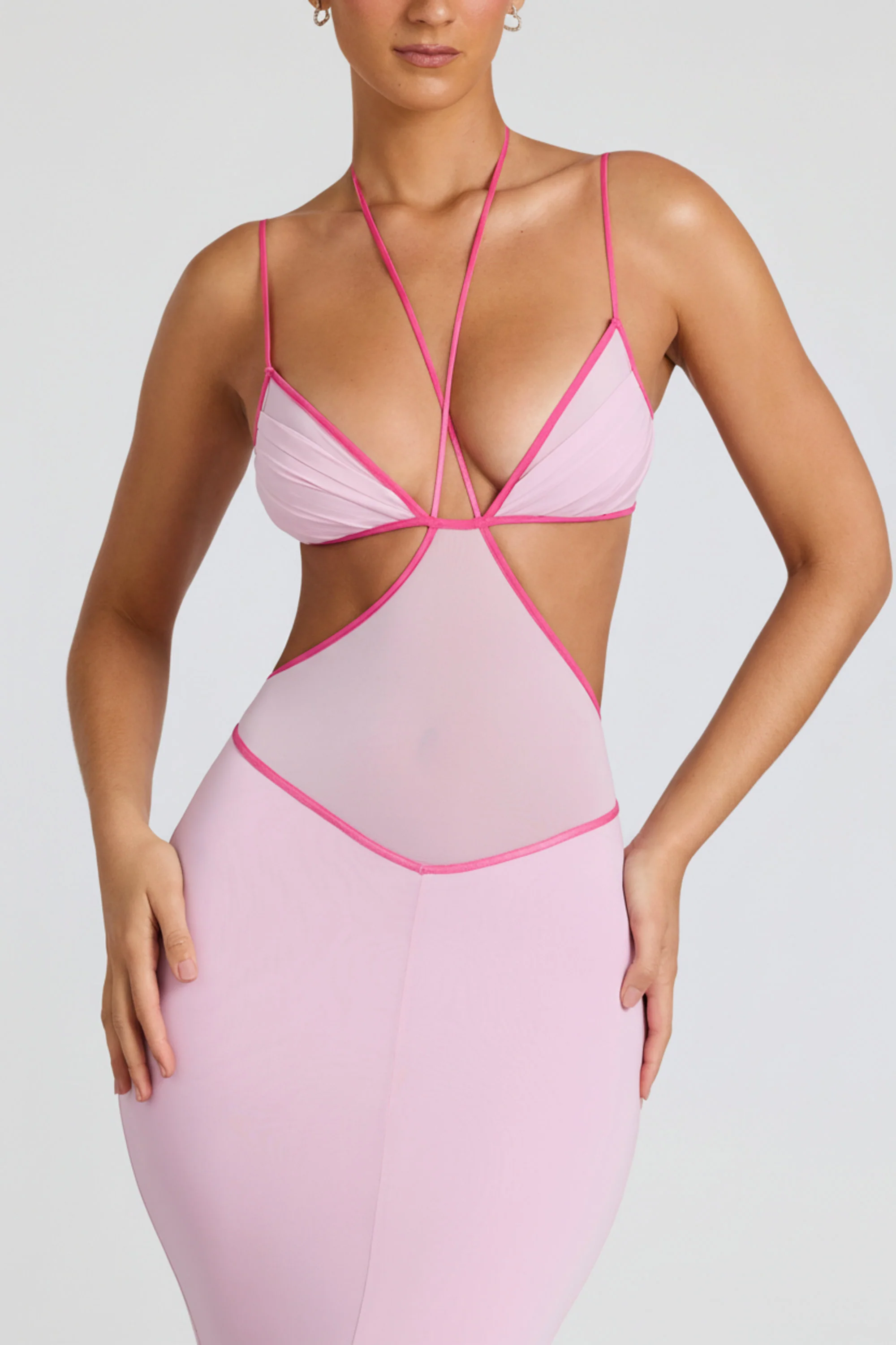 Contrast Binding Cut Out Evening Gown in Soft Pink - Image 11