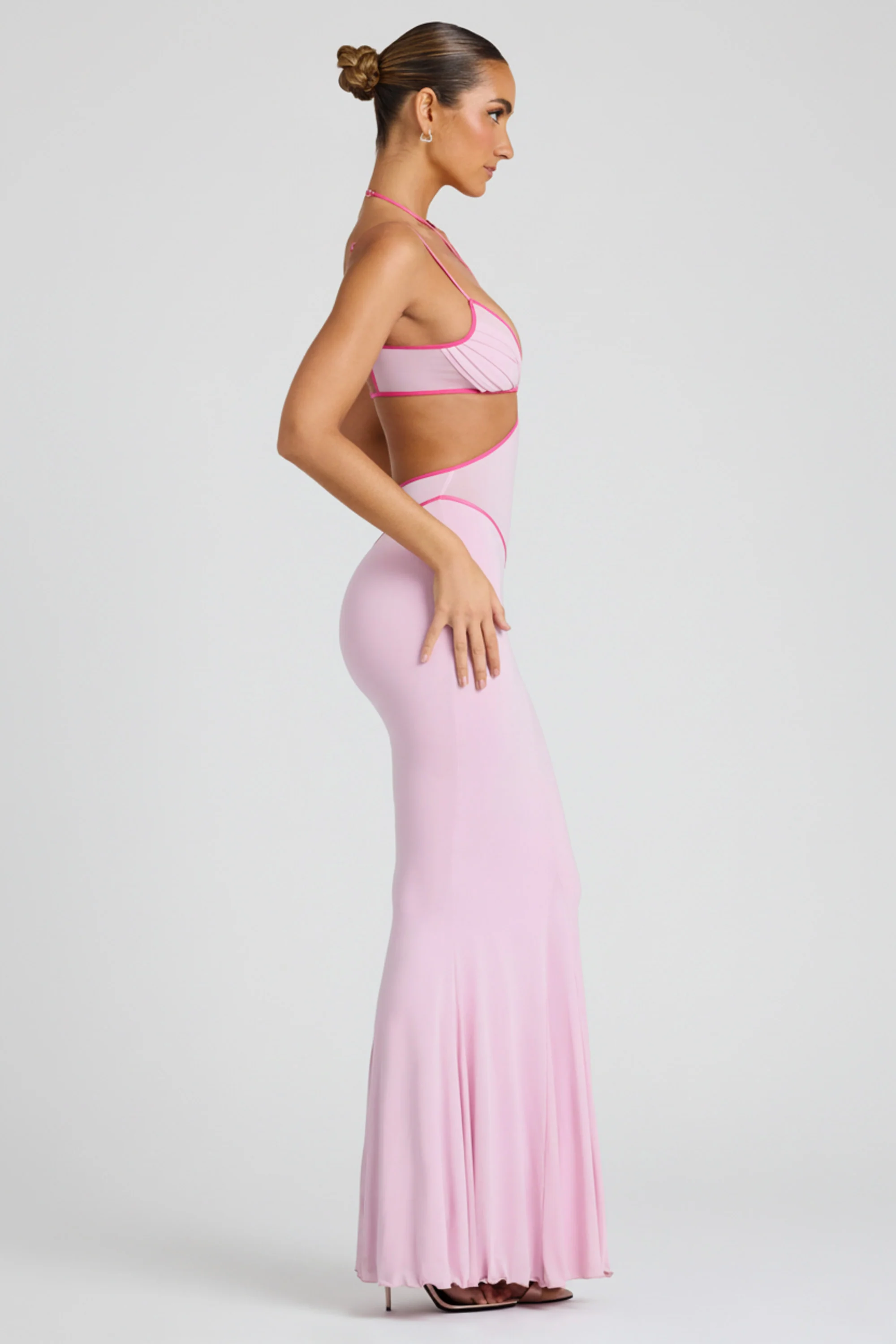Contrast Binding Cut Out Evening Gown in Soft Pink - Image 12