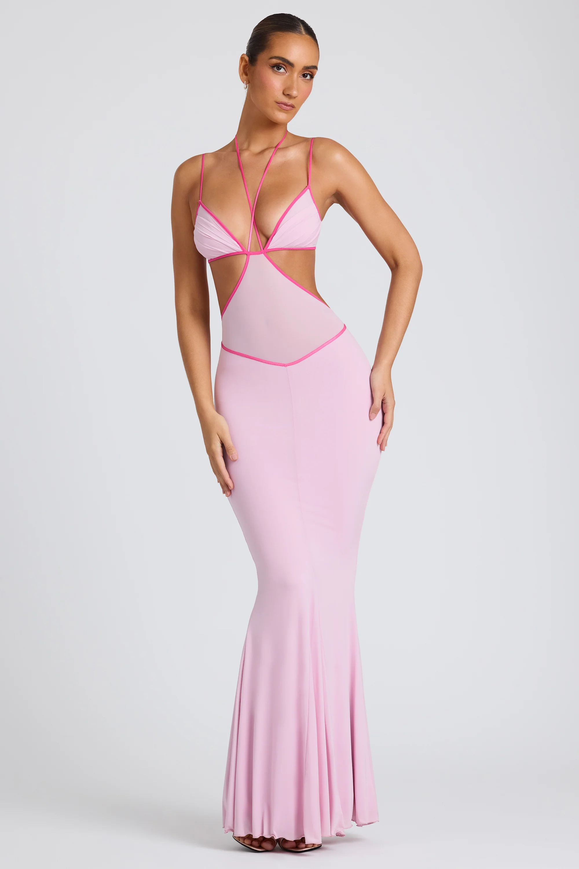 Contrast Binding Cut Out Evening Gown in Soft Pink - Image 6
