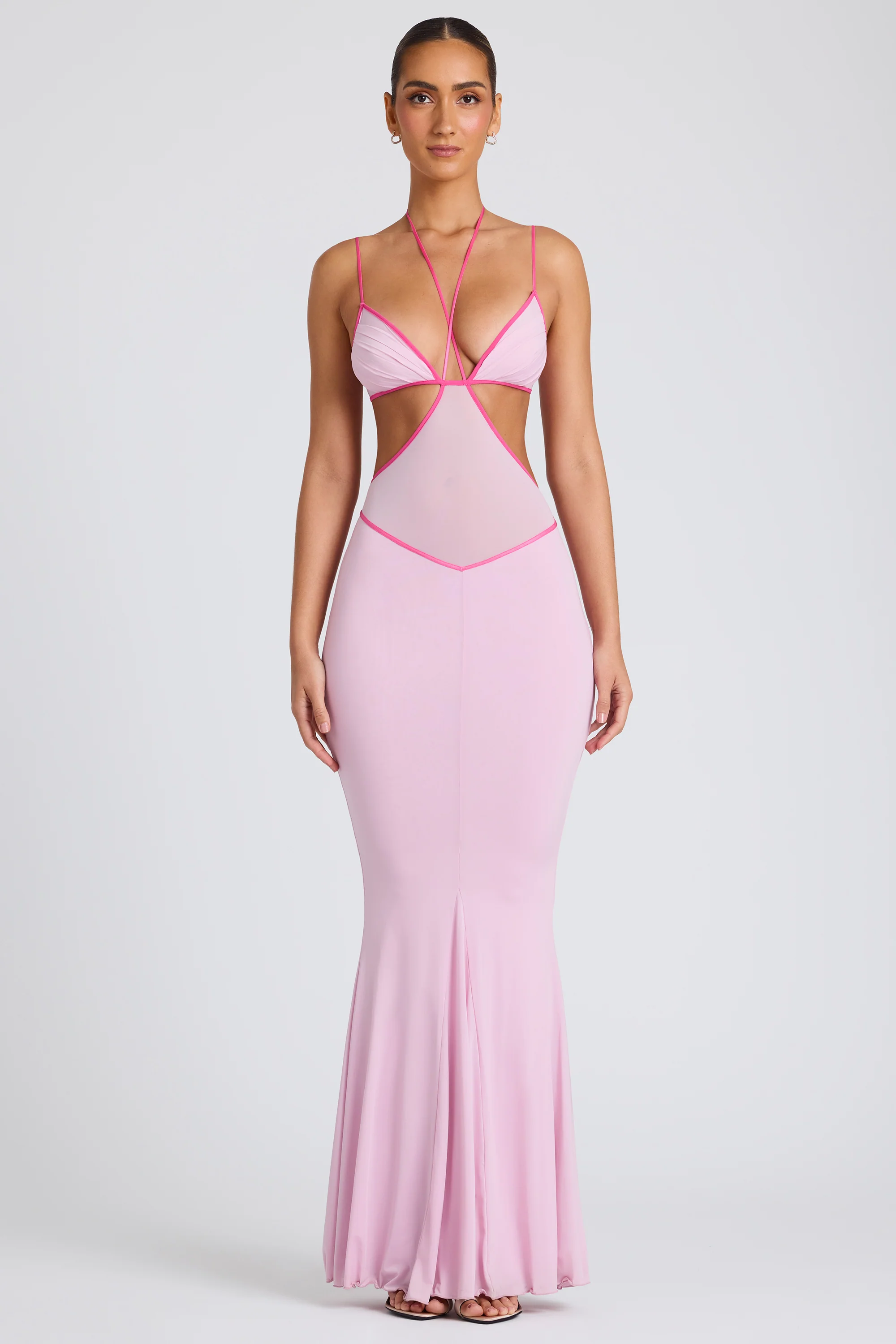 Contrast Binding Cut Out Evening Gown in Soft Pink - Image 8