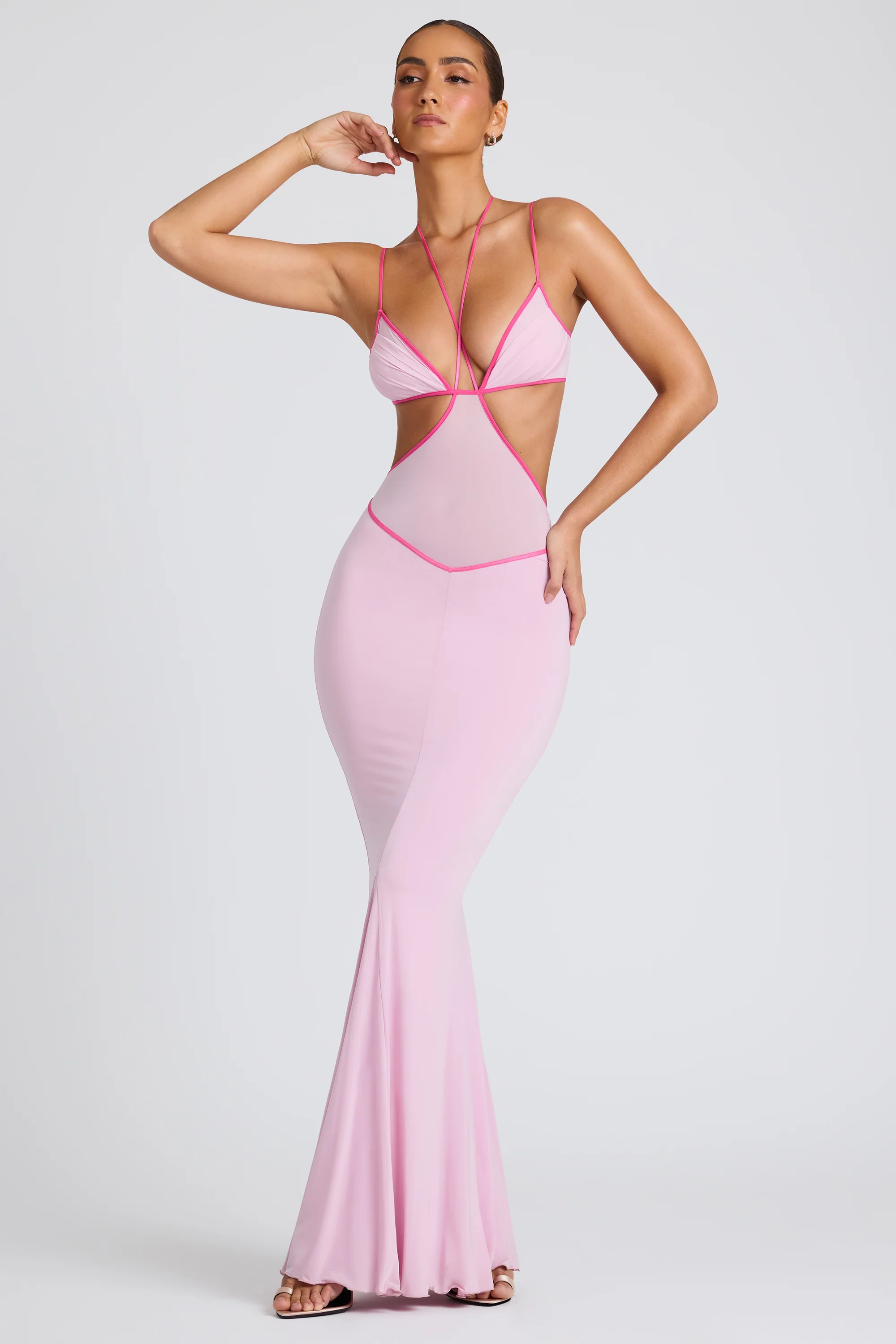 Contrast Binding Cut Out Evening Gown in Soft Pink - Image 9