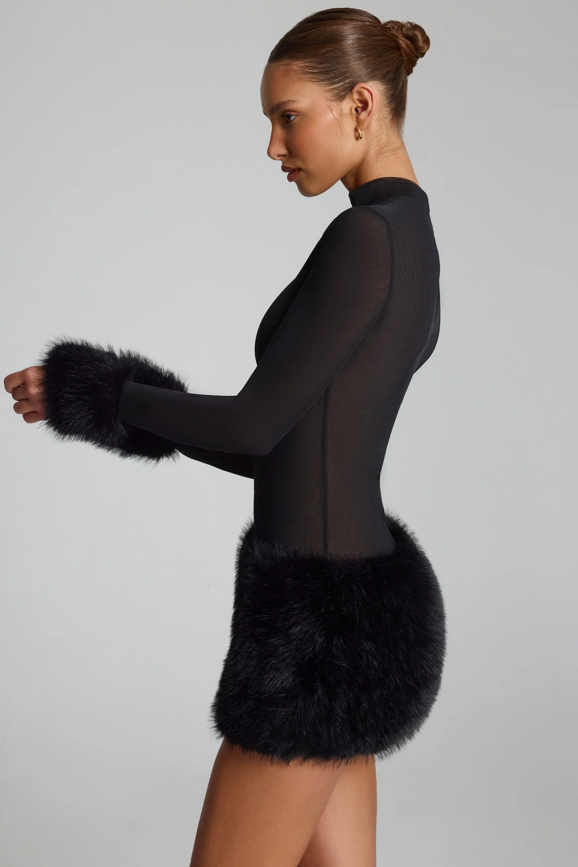 Faux Fur-Trim Turtleneck Mini Dress in Black - Image 3