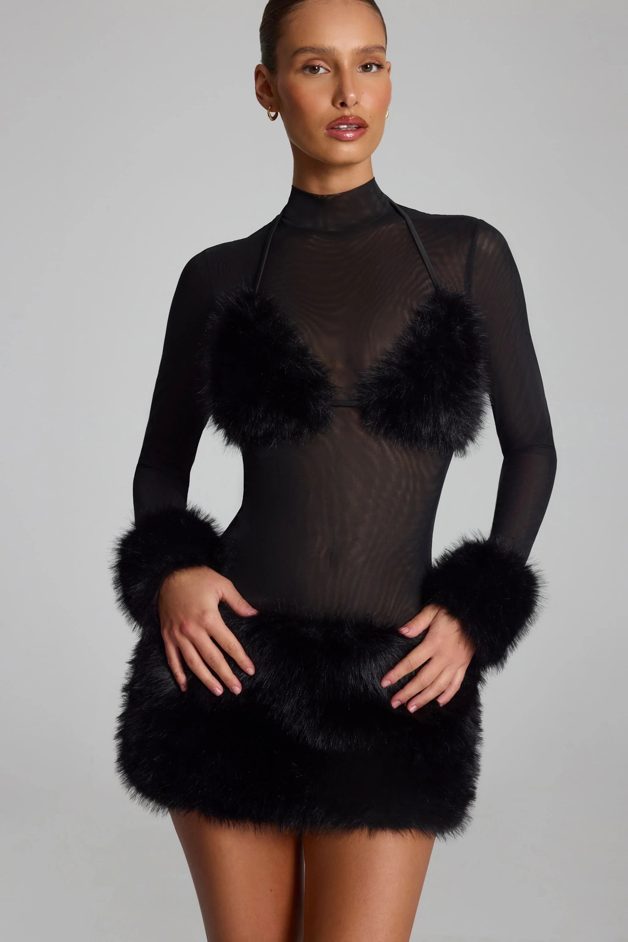 Faux Fur-Trim Turtleneck Mini Dress in Black - Image 4