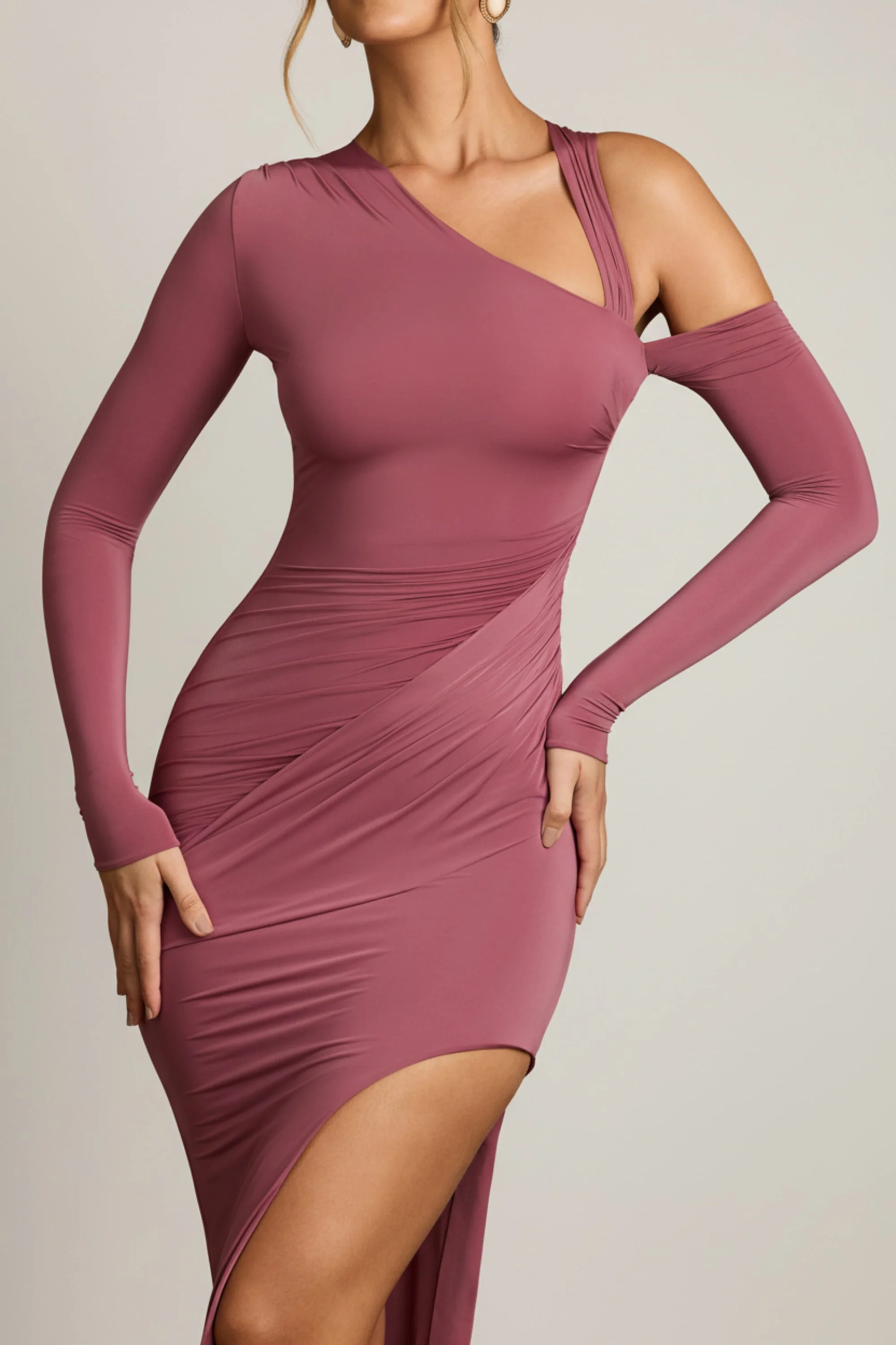 Asymmetric Draped Maxi Dress in Dark Rose - Image 4