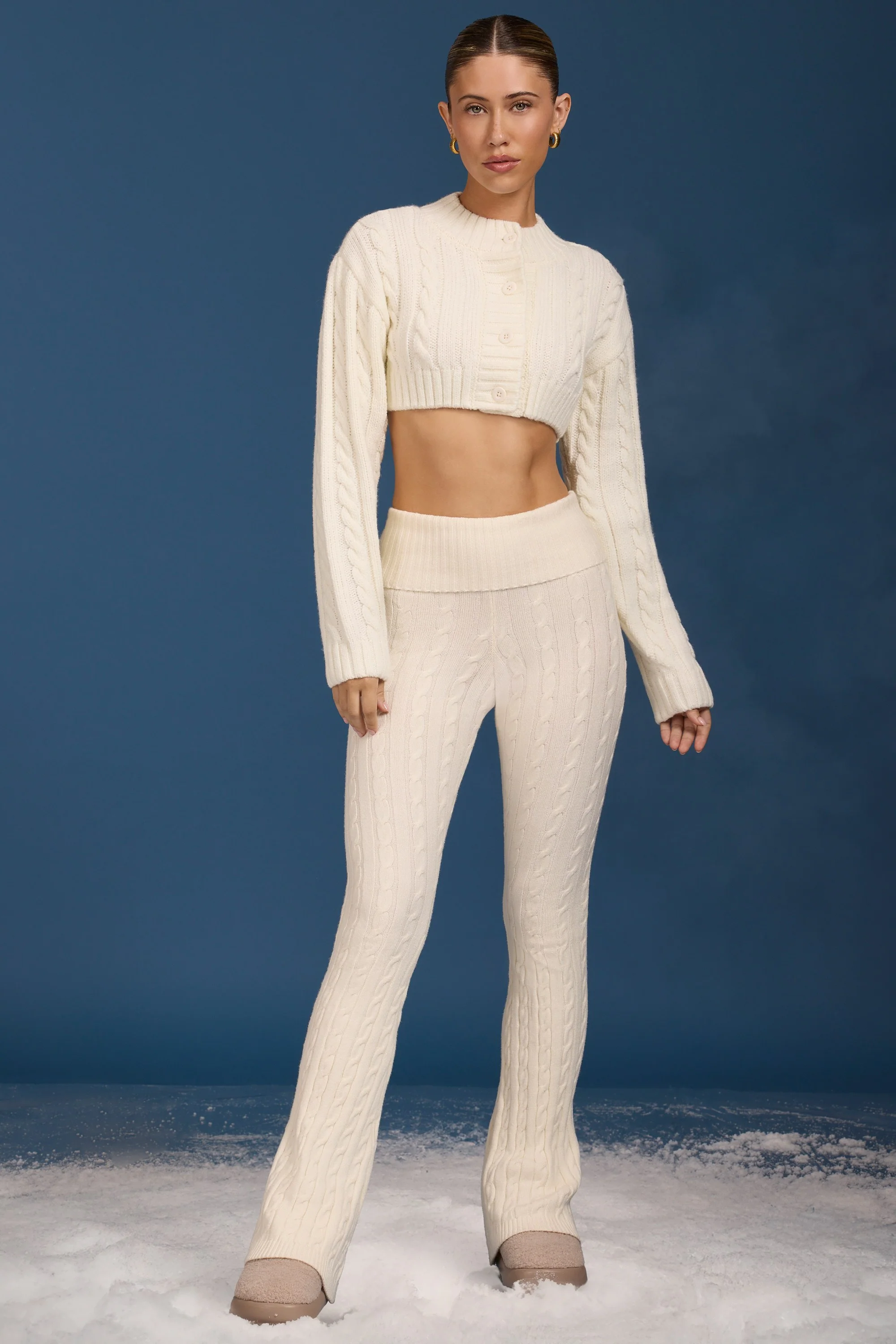 Cable Knit Foldover Flared Trousers in Cream - Image 6