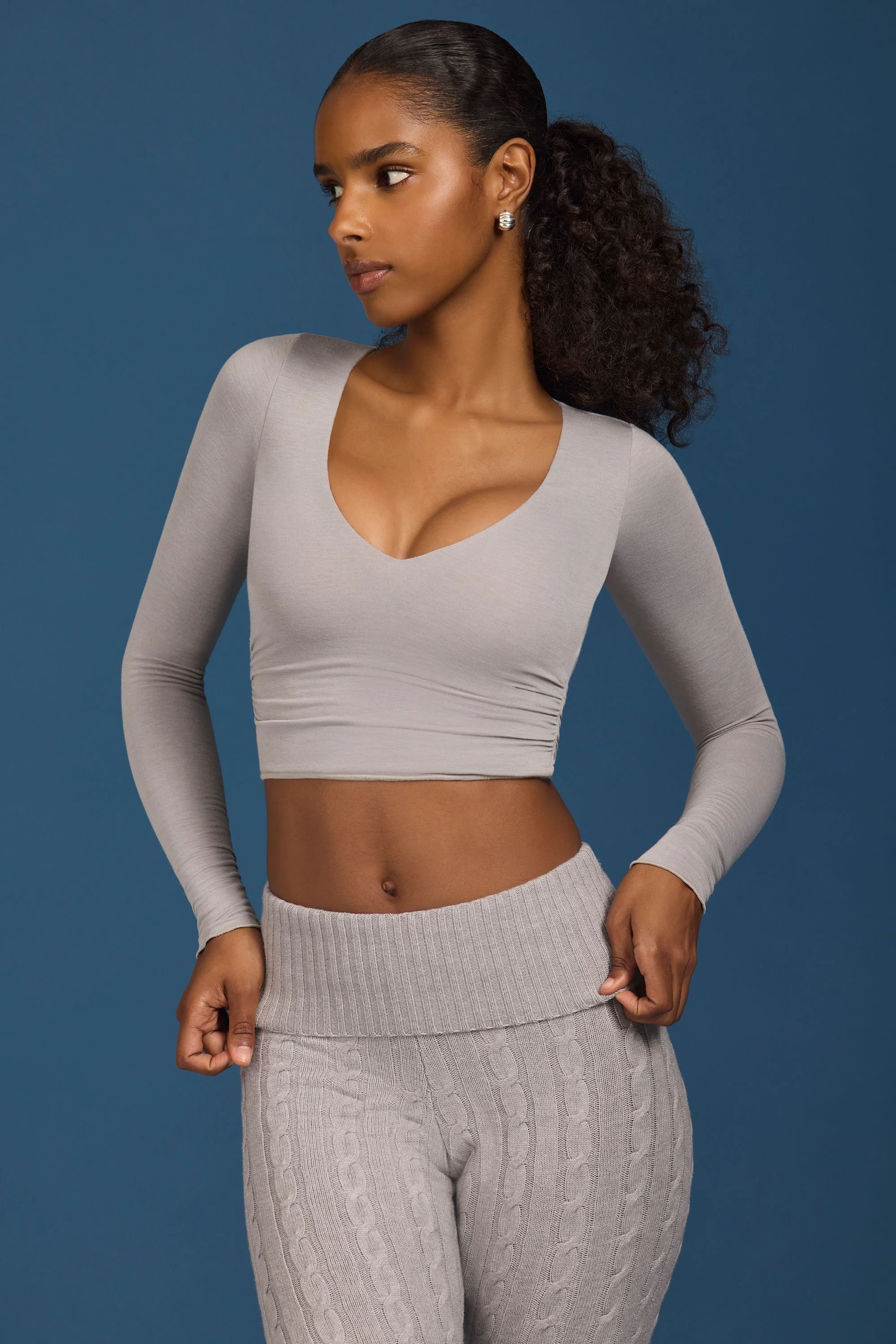 Ruched Long-Sleeve Crop Top in Grey - Image 7