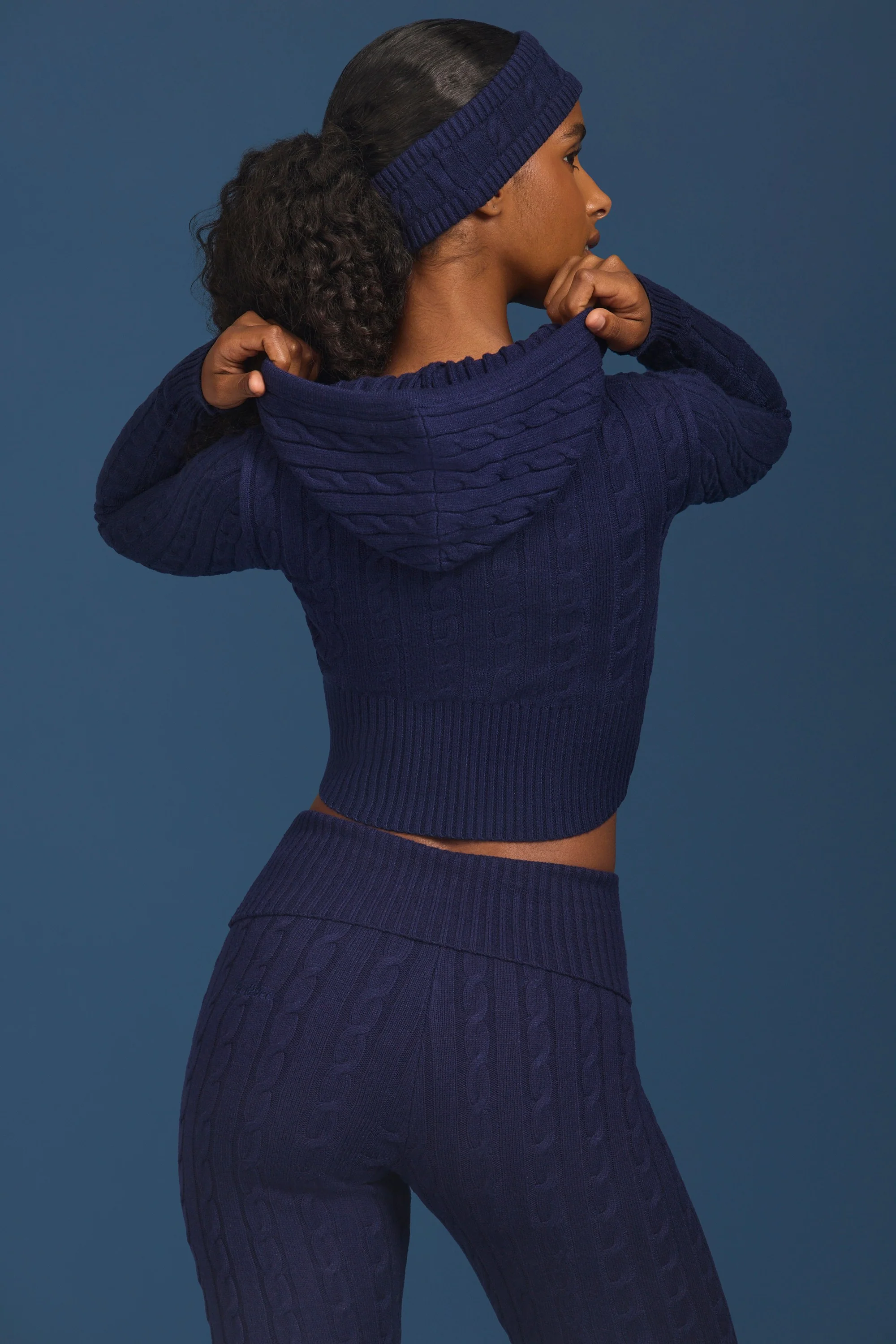 Cable Knit Zip-Up Hoodie in Navy - Image 2