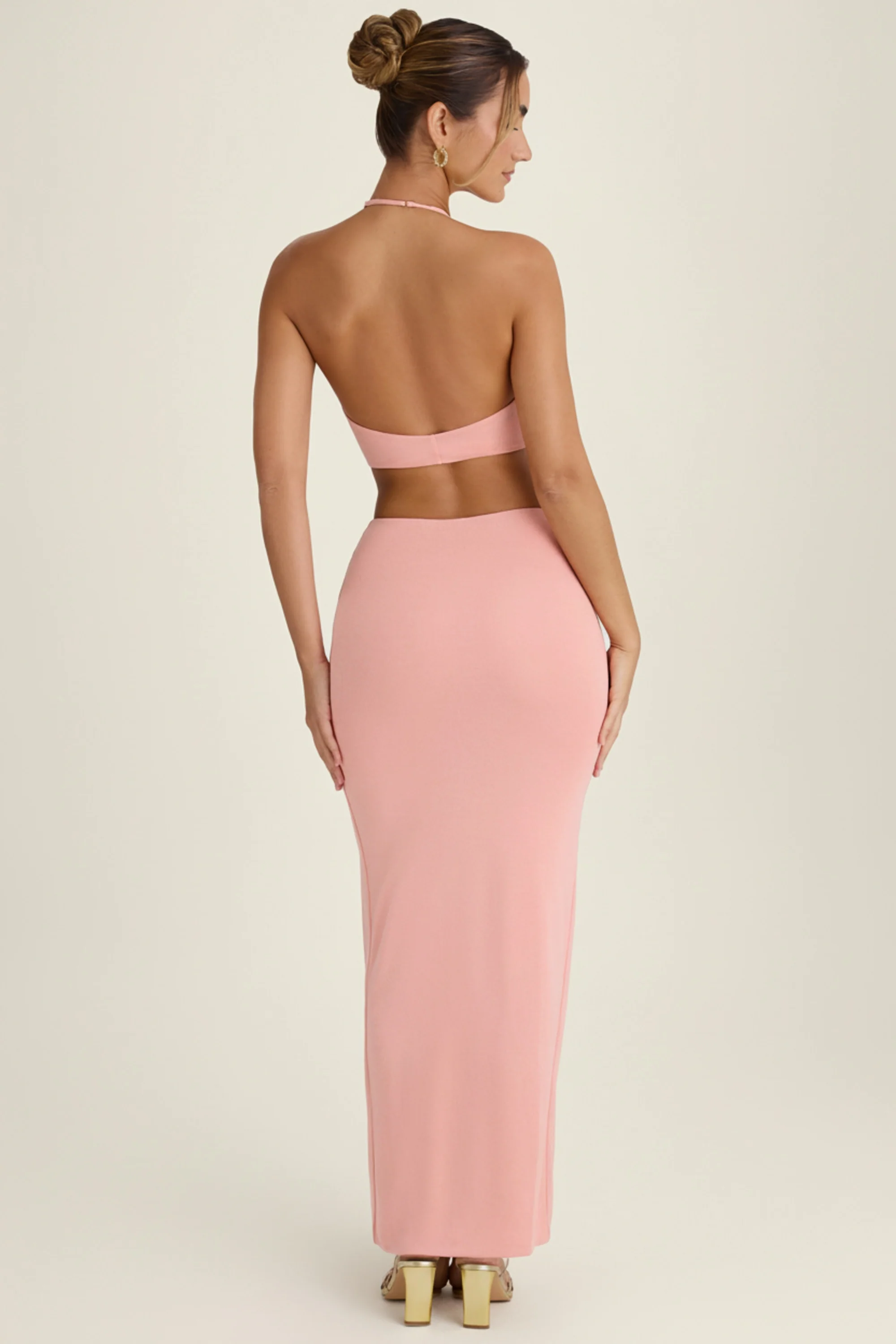 Cut-Out Halterneck Maxi Dress in Apricot Pink - Image 2