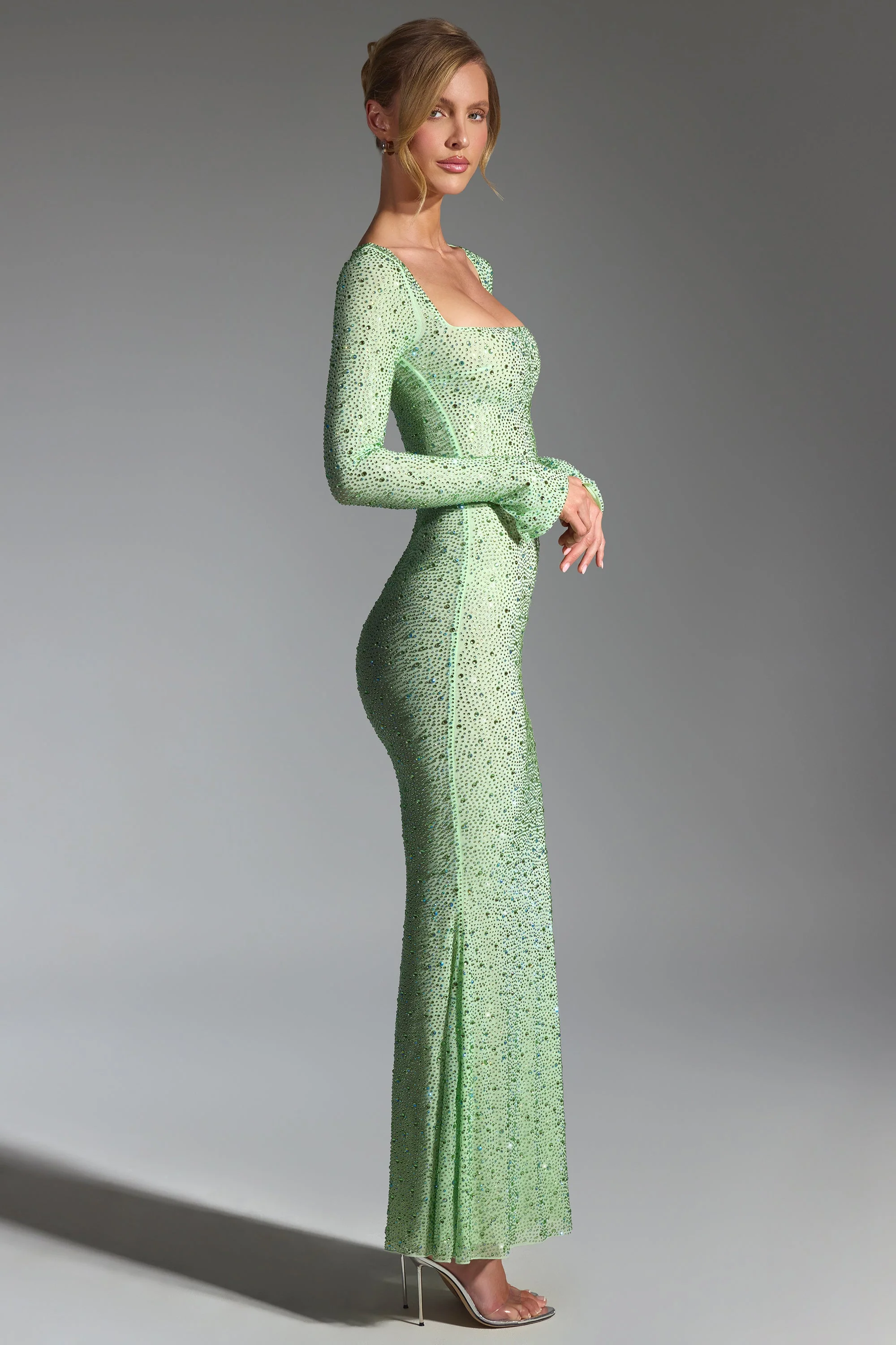 Embellished Long-Sleeve Fishtail Maxi Dress in Pistachio - Image 3