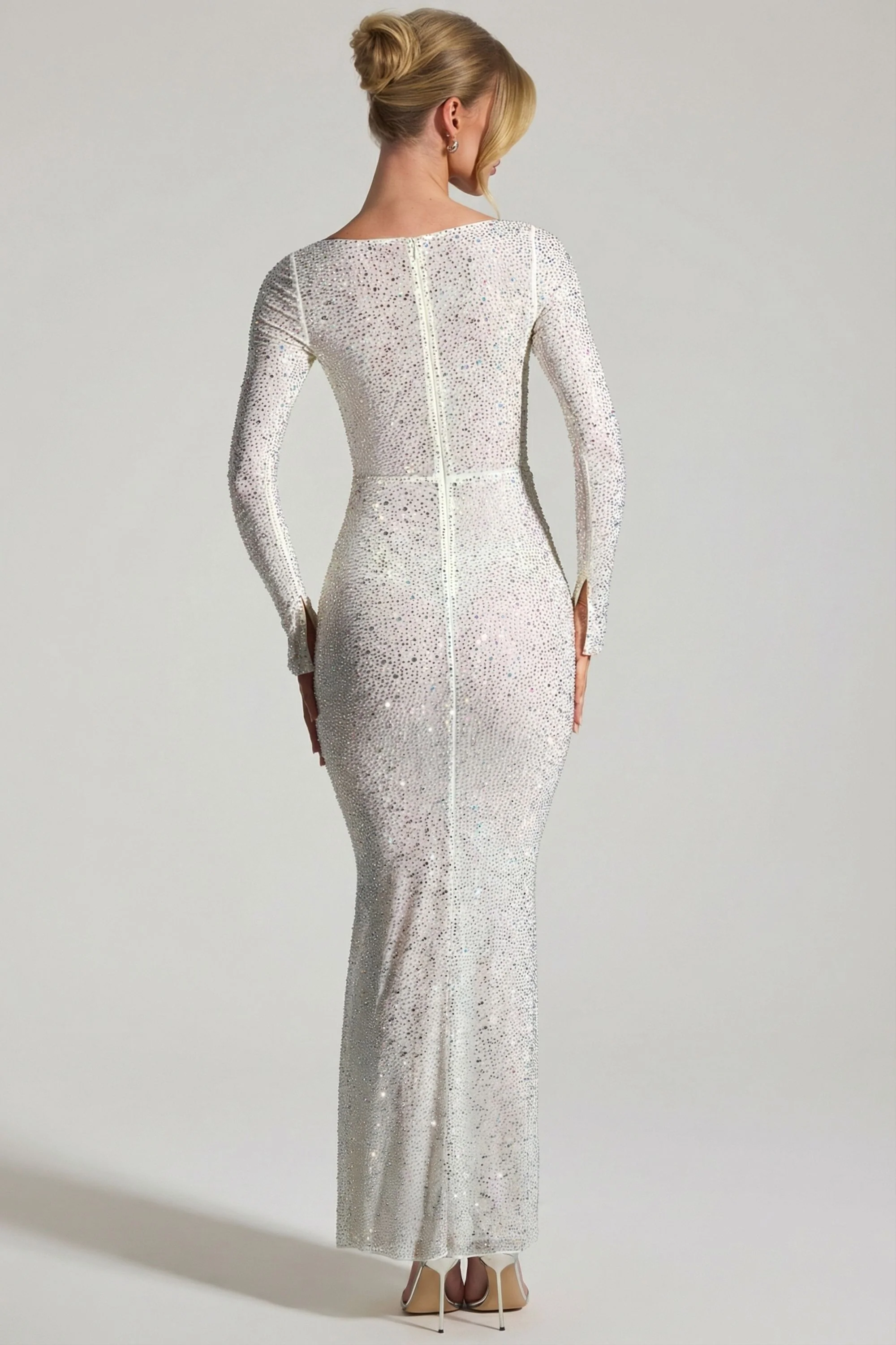Embellished Long-Sleeve Fishtail Maxi Dress in White - Image 2