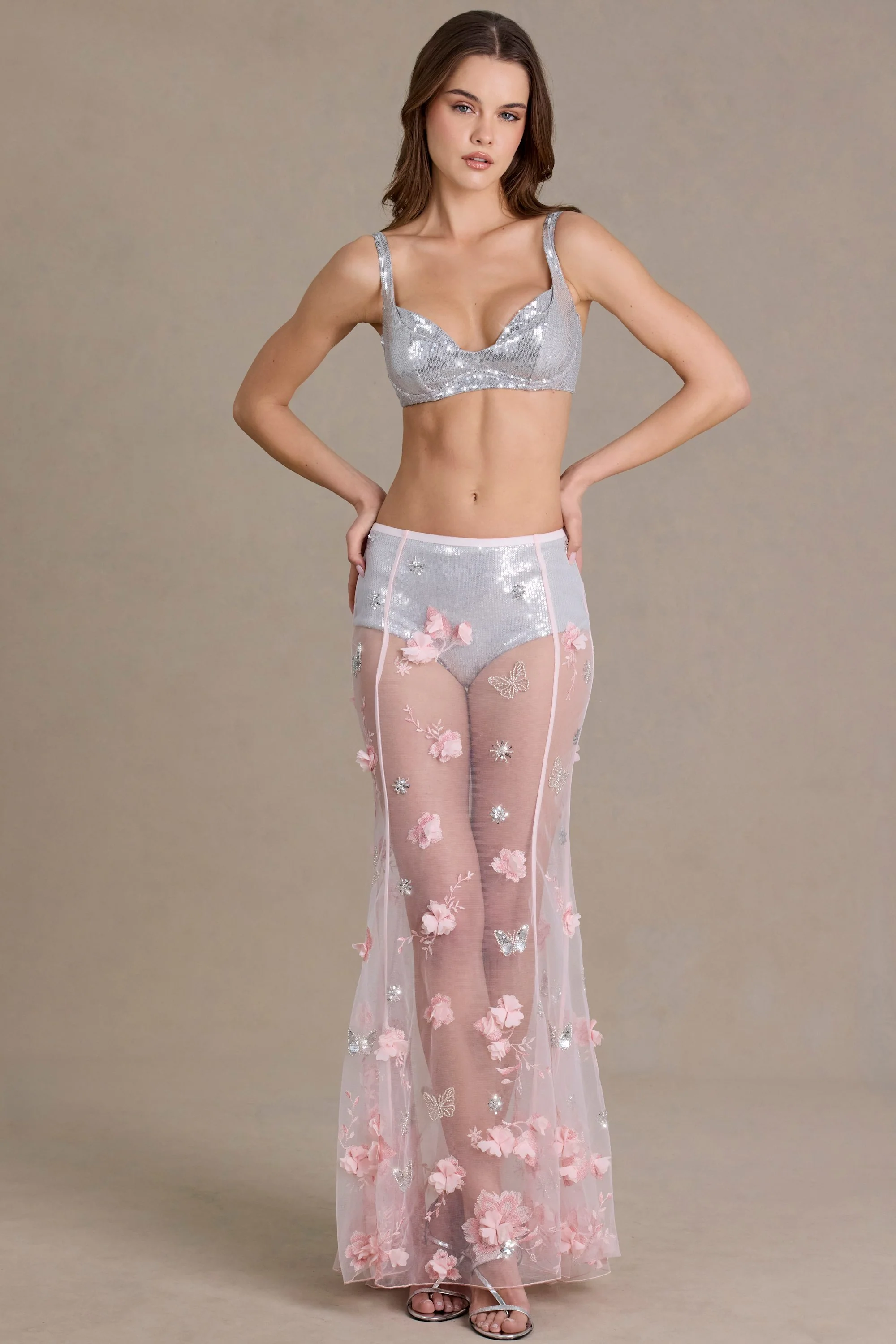 Premium Sequin Mesh Mid-Rise Mini Shorts in Silver - Image 5