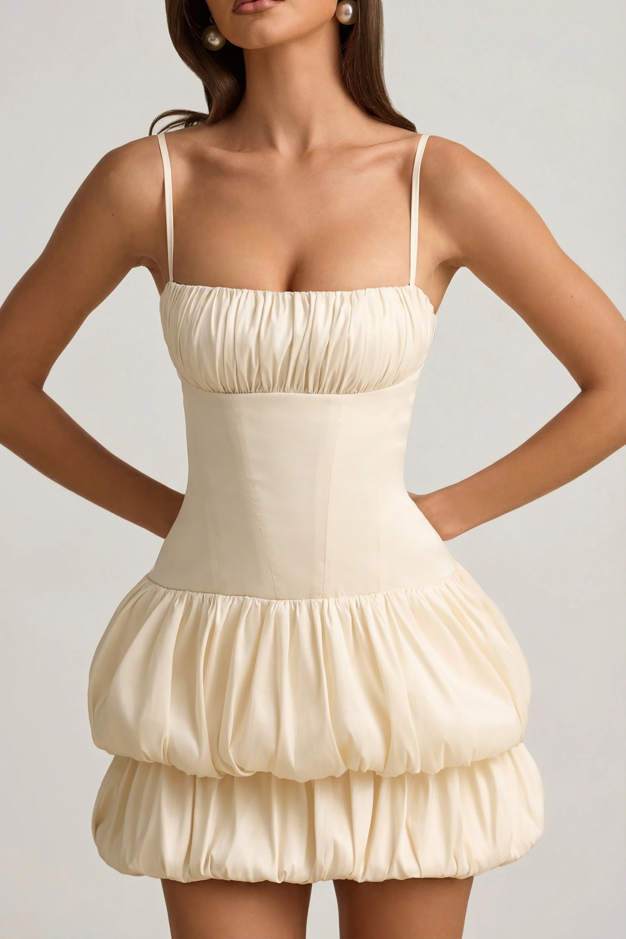 Satin Bubble Hem Corset Mini Dress in Ivory - Image 4