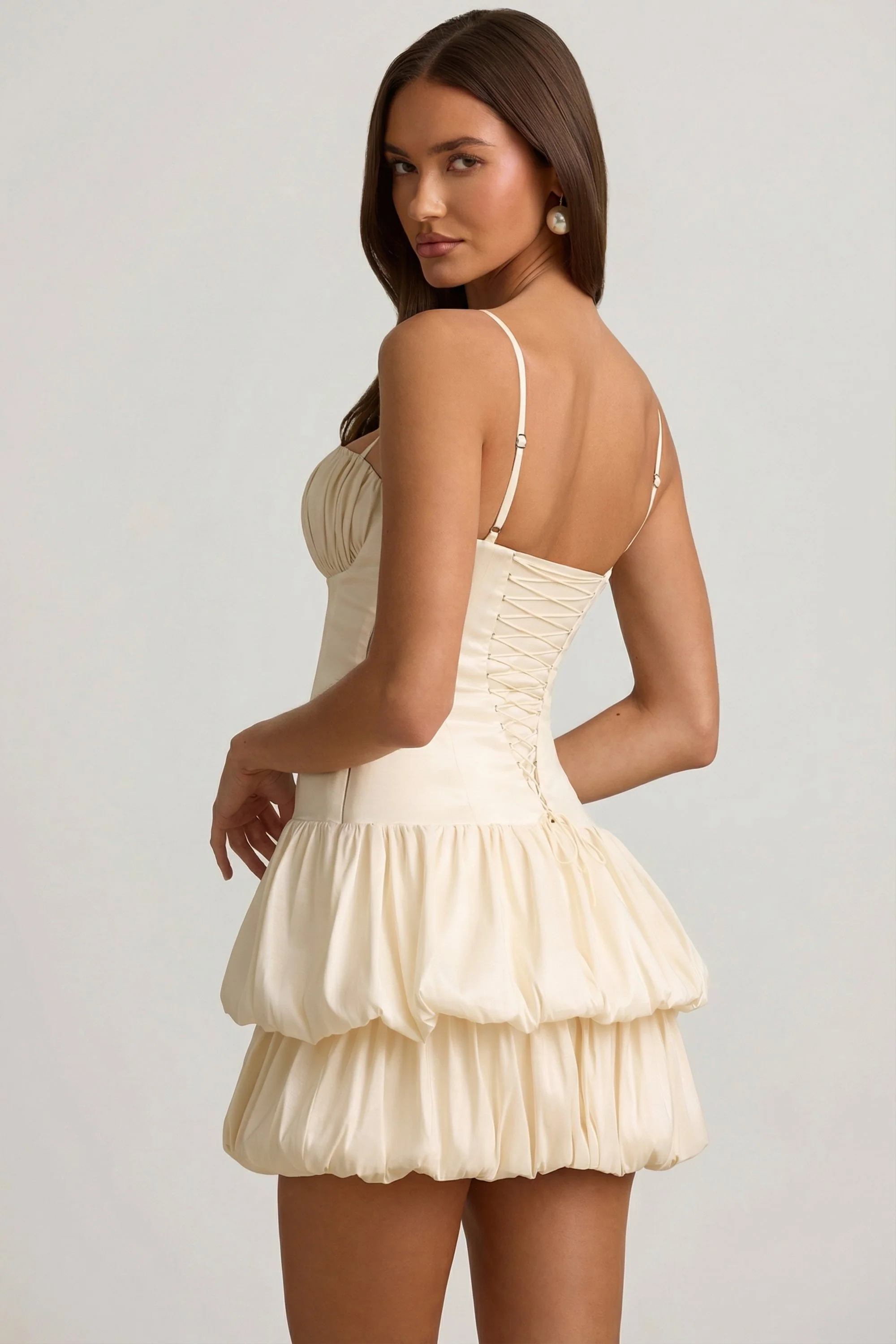 Satin Bubble Hem Corset Mini Dress in Ivory - Image 6