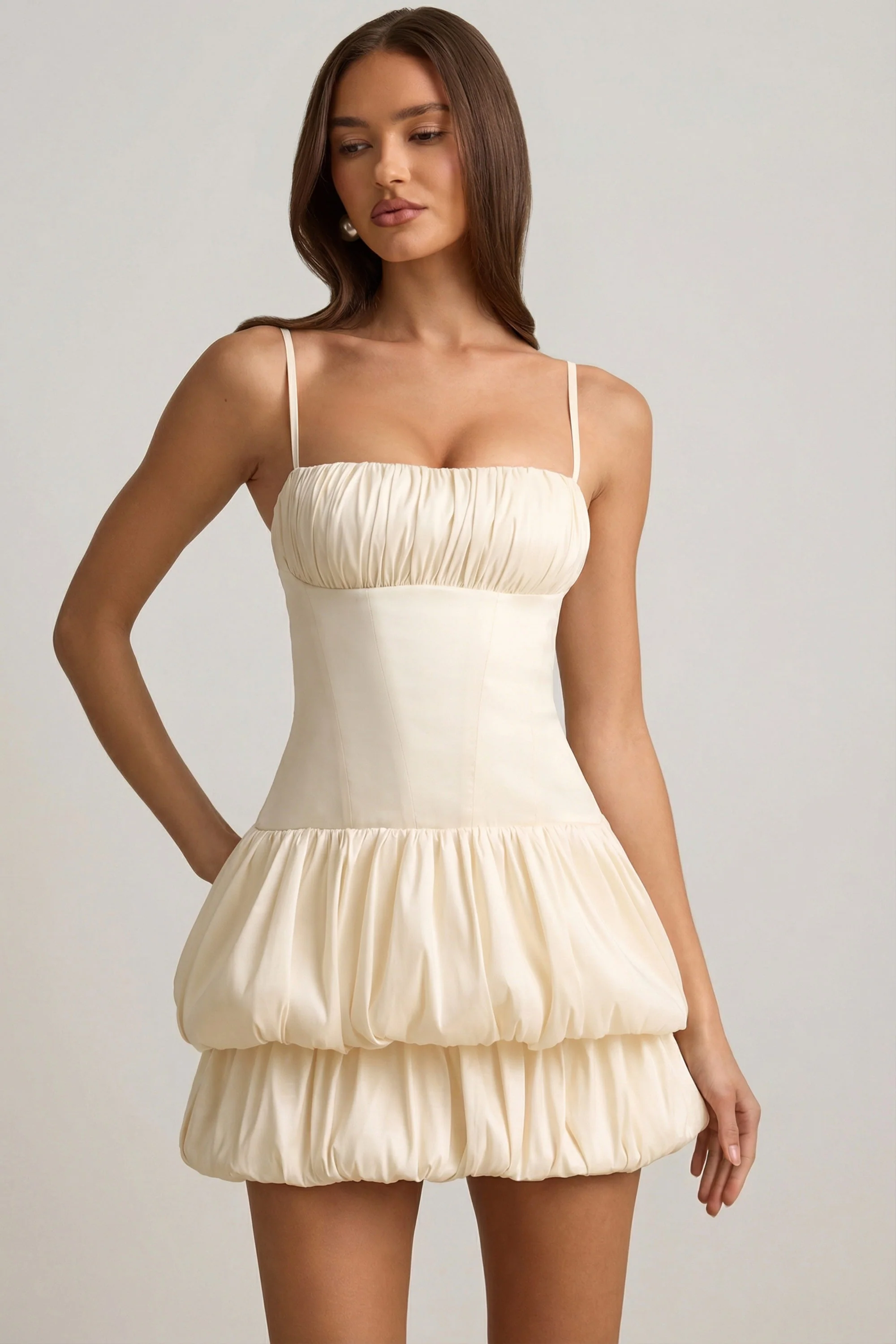 Satin Bubble Hem Corset Mini Dress in Ivory - Image 9