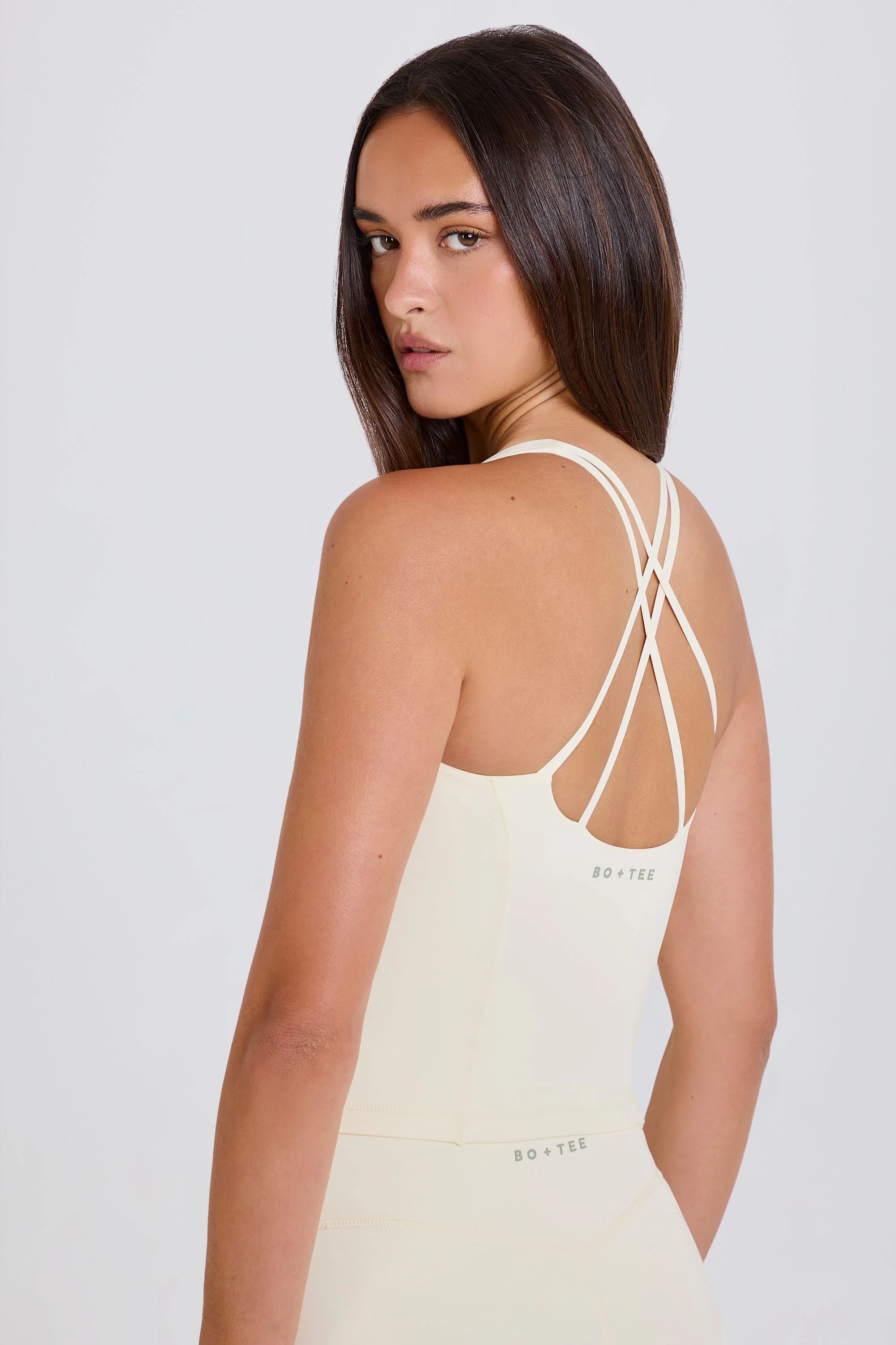 Four-Way Stretch Crossback Longline Tank Top in Cream - Image 2