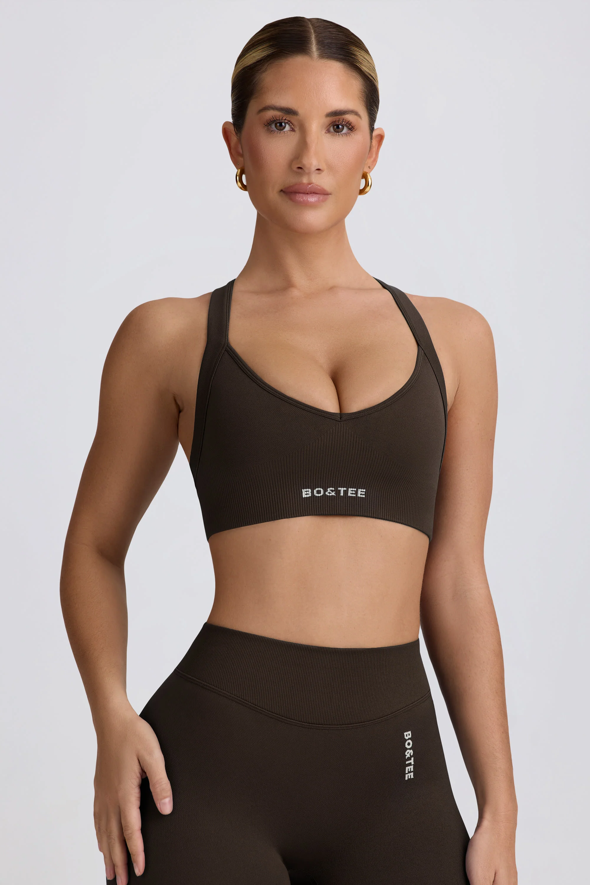 Super Sculpt Seamless Cross-Back Sports Bra in Brown - Image 5