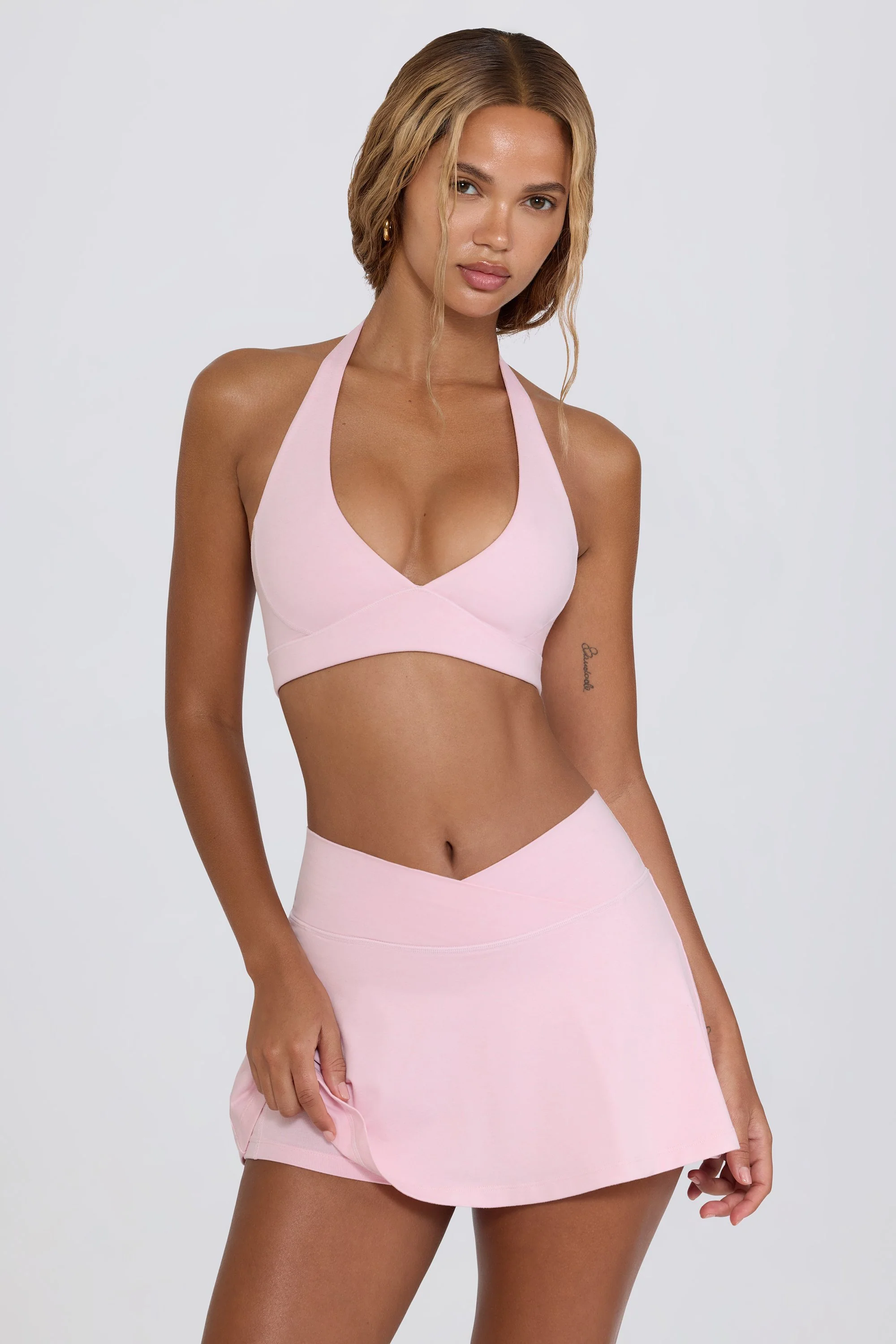 Brushed Jersey Crossover Mini Skort in Pale Pink Marl