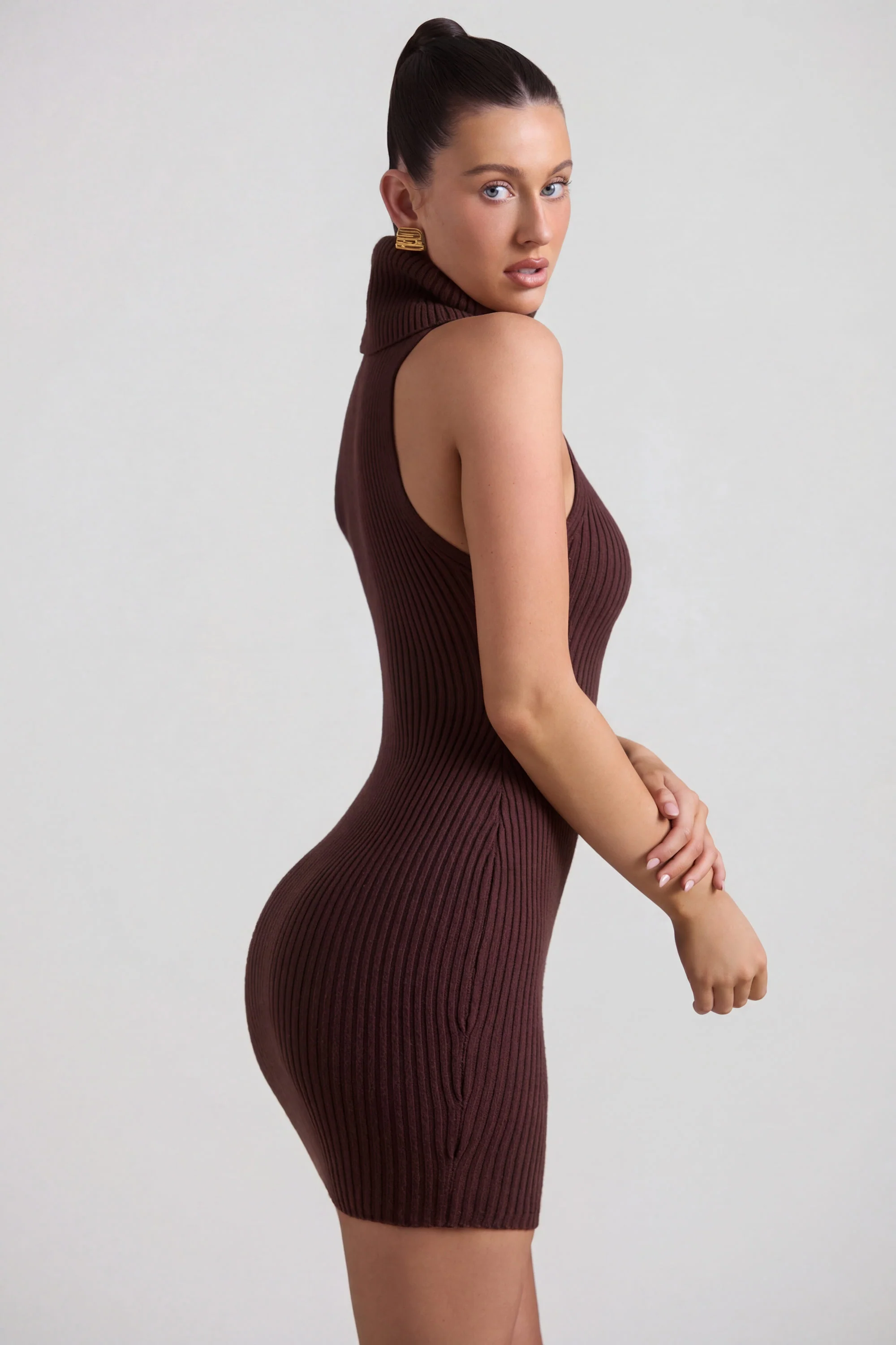 Ribbed-Knit Turtleneck Mini Dress in Espresso - Image 3
