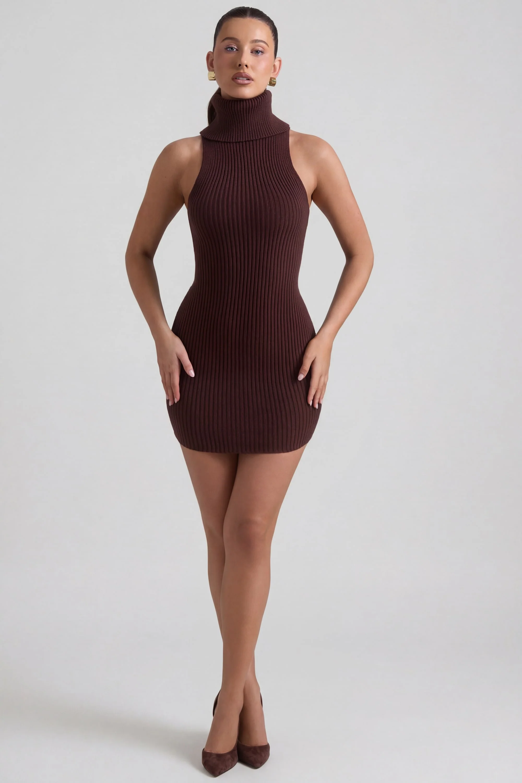 Ribbed-Knit Turtleneck Mini Dress in Espresso - Image 5