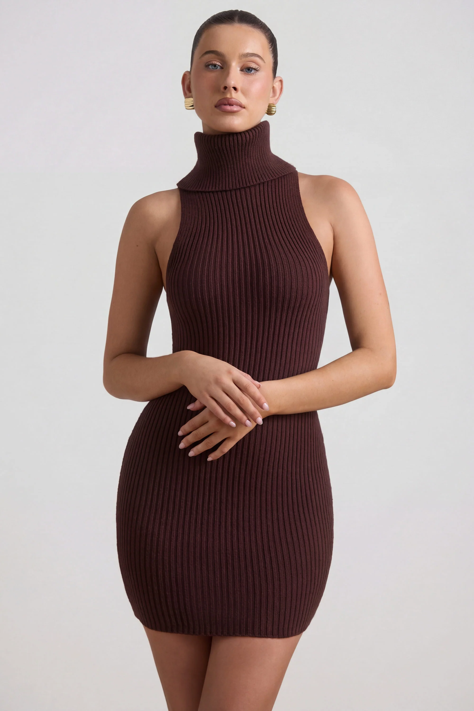 Ribbed-Knit Turtleneck Mini Dress in Espresso - Image 6