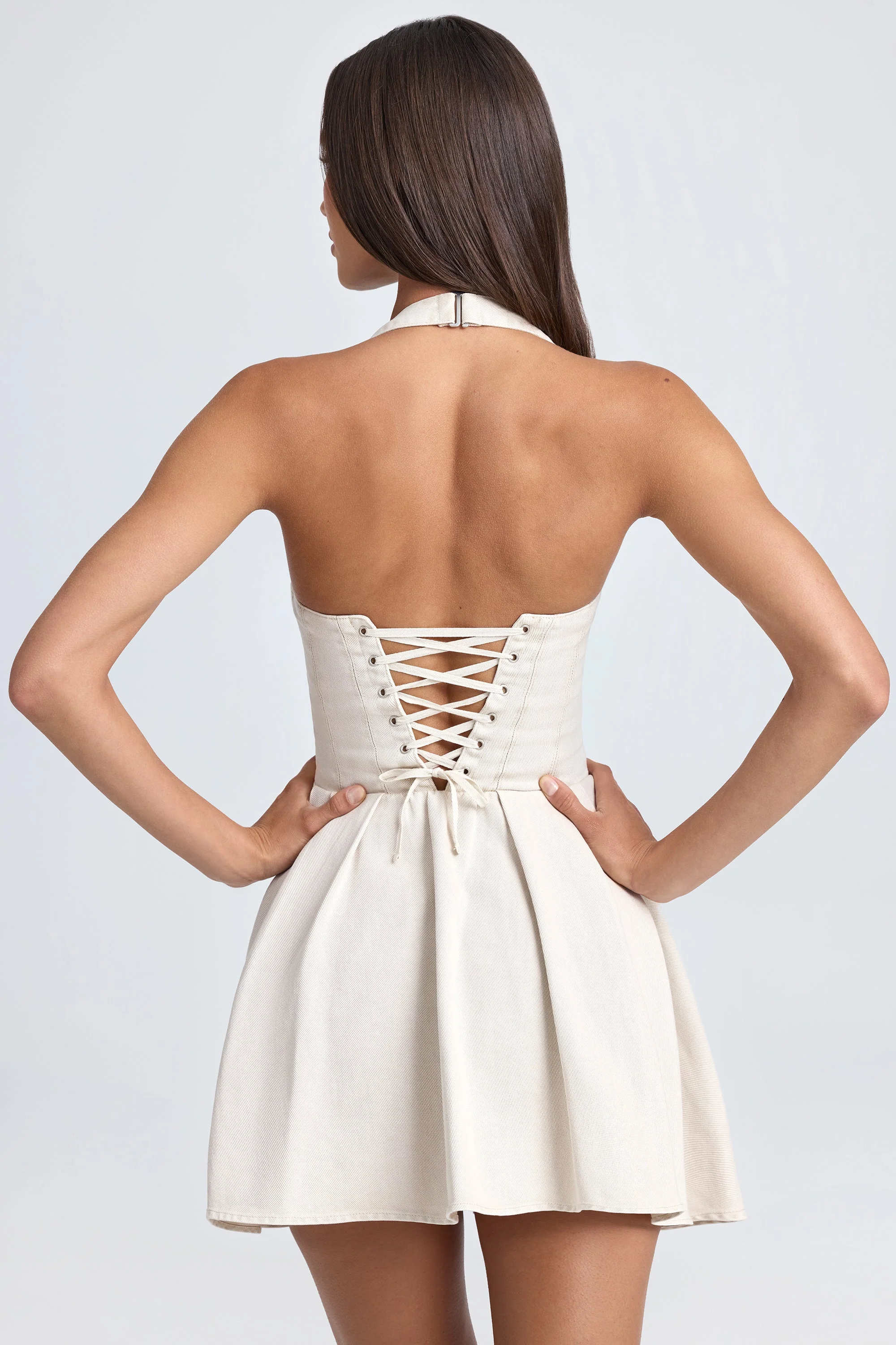 Halterneck Corset Micro Mini Dress in Ecru - Image 2