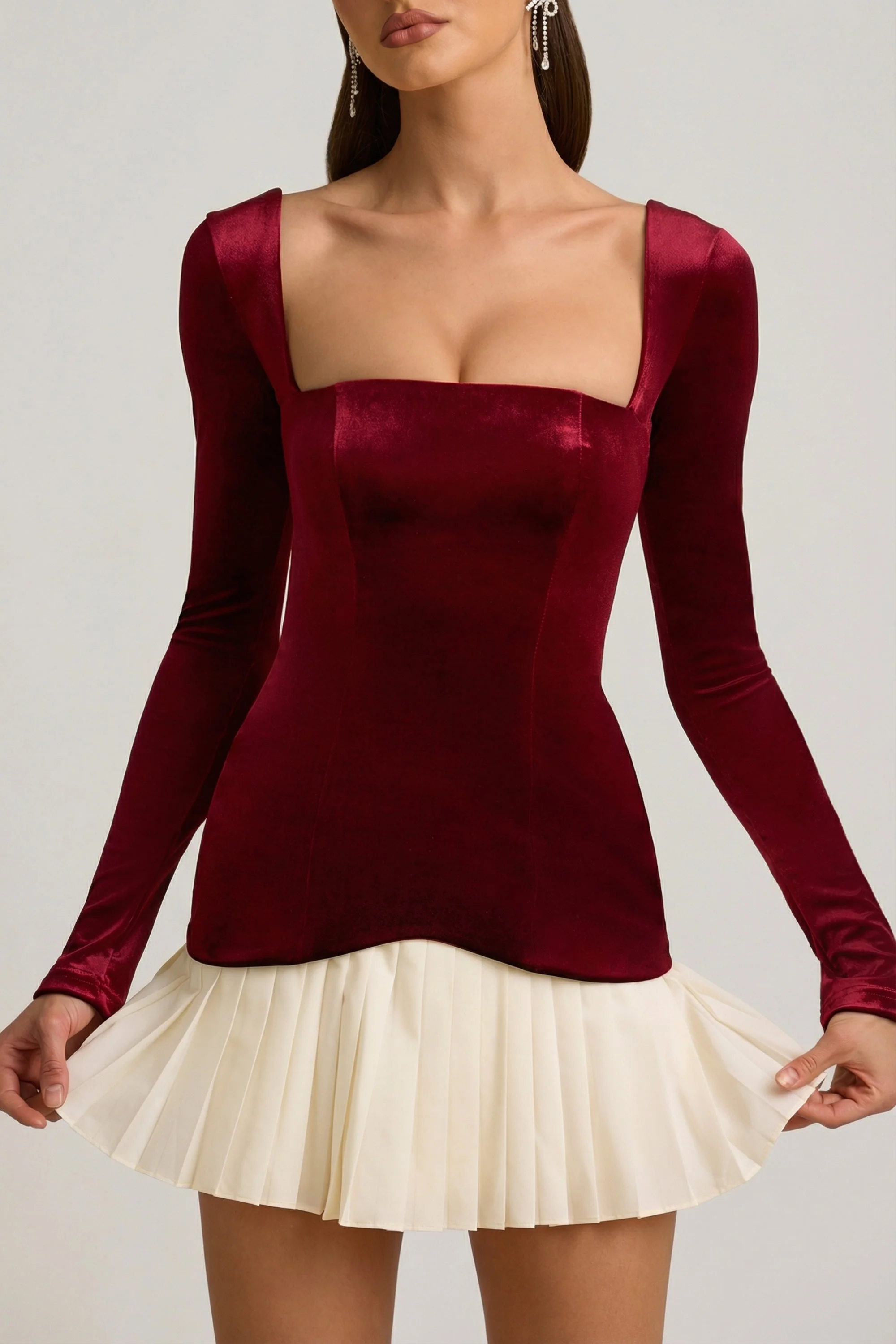 Layered Pleated Corset Mini Dress in Wine Red - Image 3