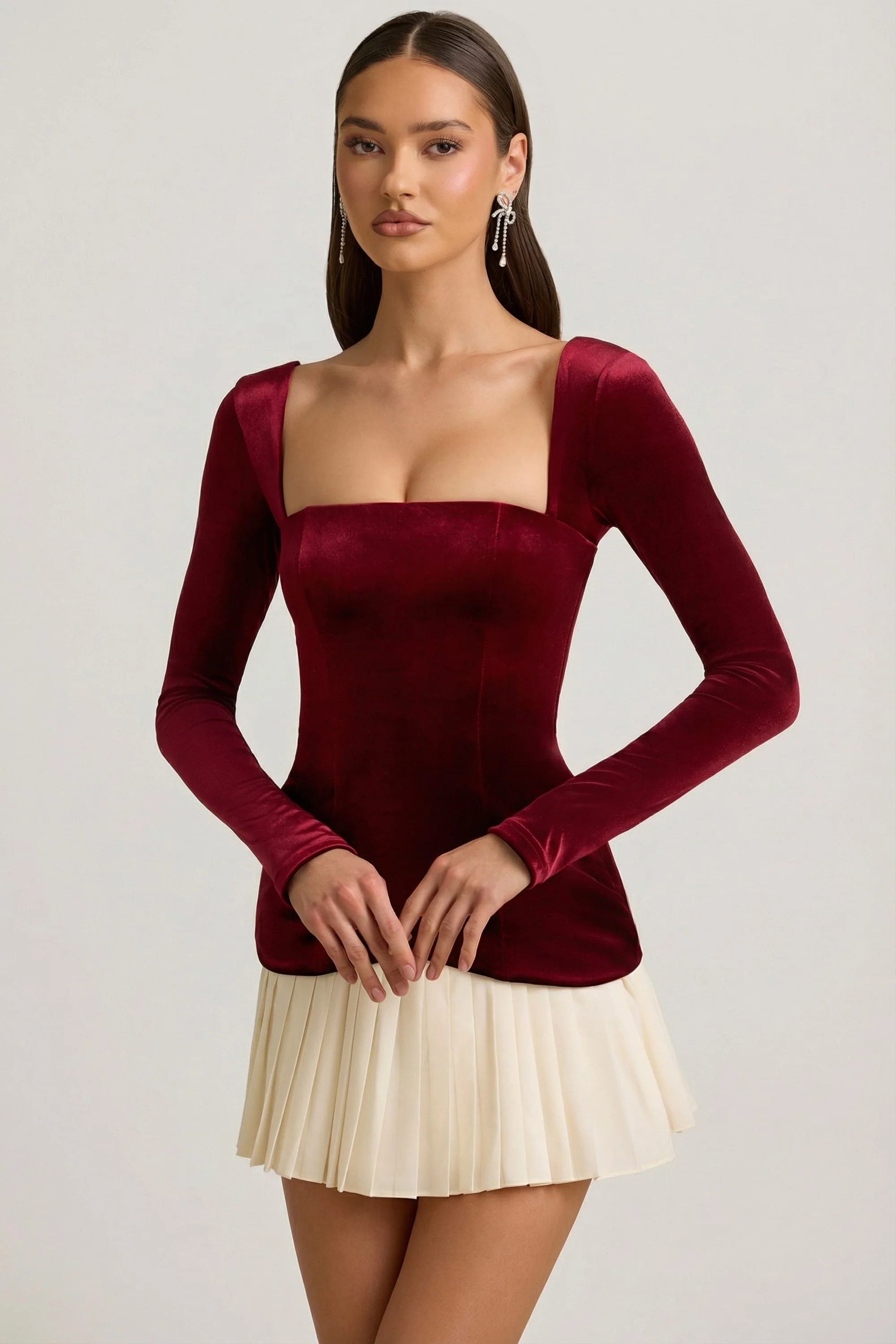 Layered Pleated Corset Mini Dress in Wine Red - Image 6