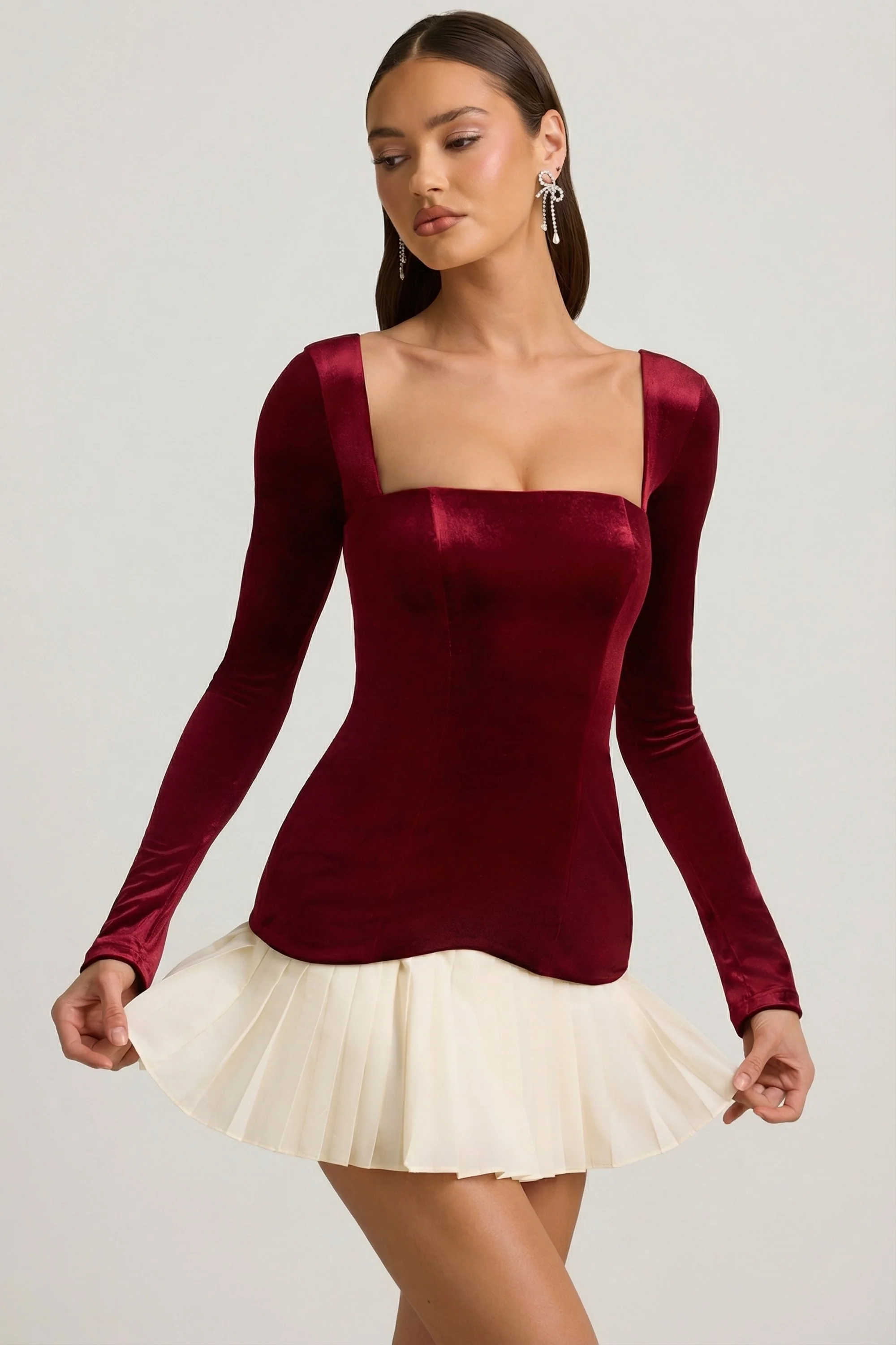 Layered Pleated Corset Mini Dress in Wine Red - Image 7
