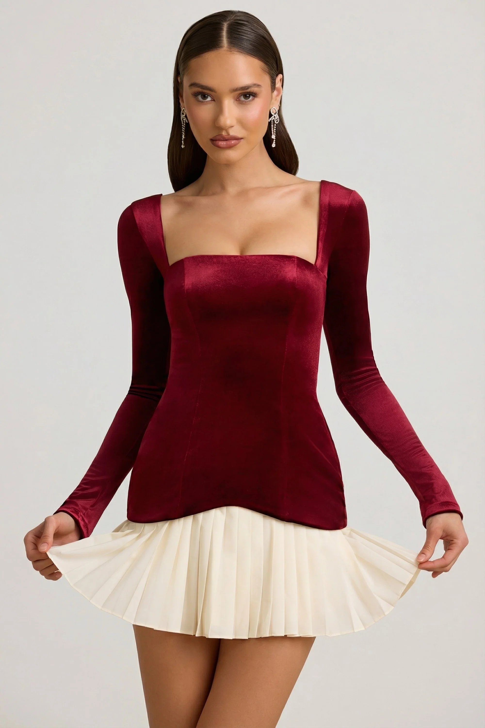 Layered Pleated Corset Mini Dress in Wine Red - Image 8