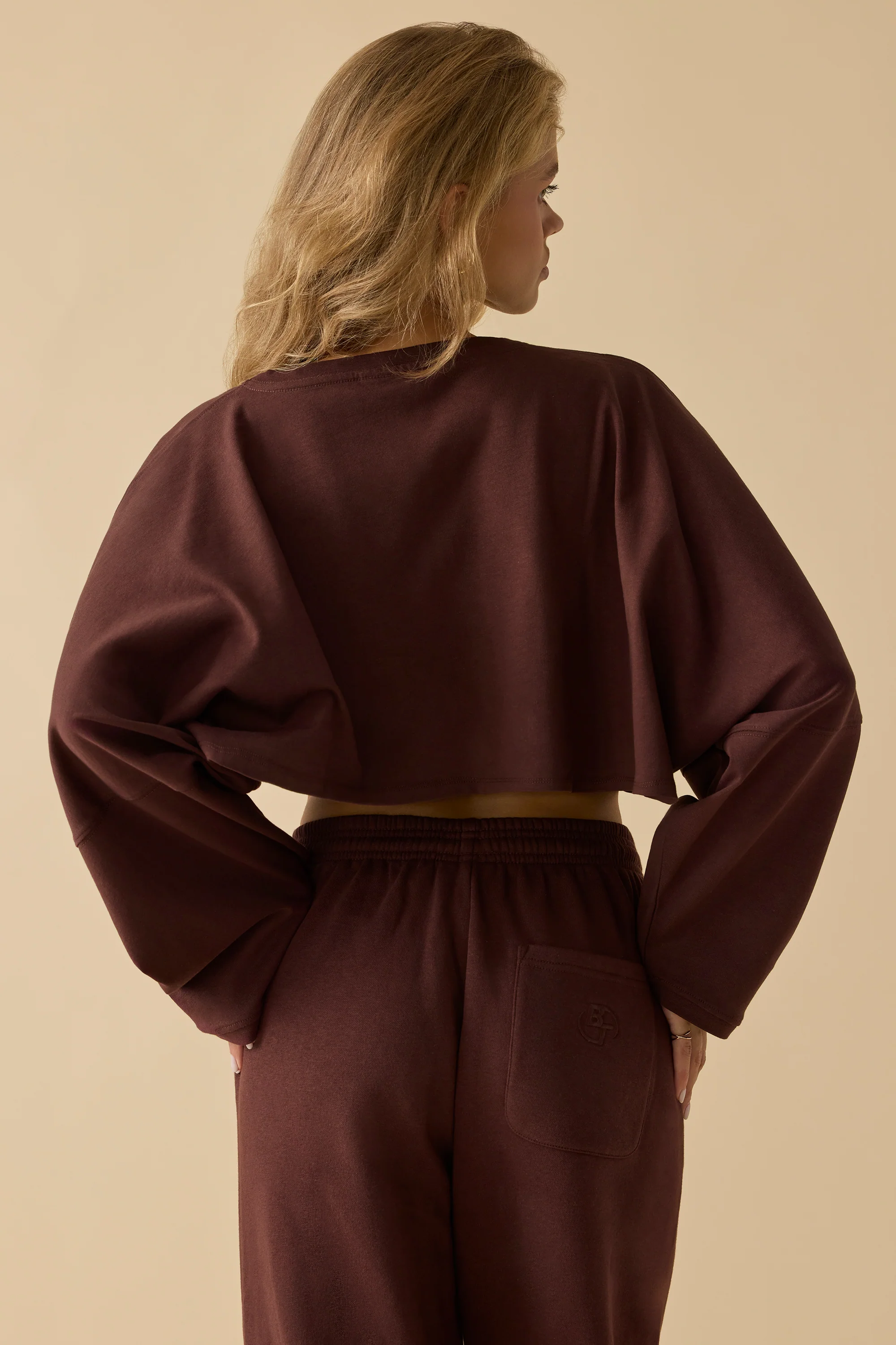 Oversized Long Sleeve Crop Top in Mahogany - Image 2