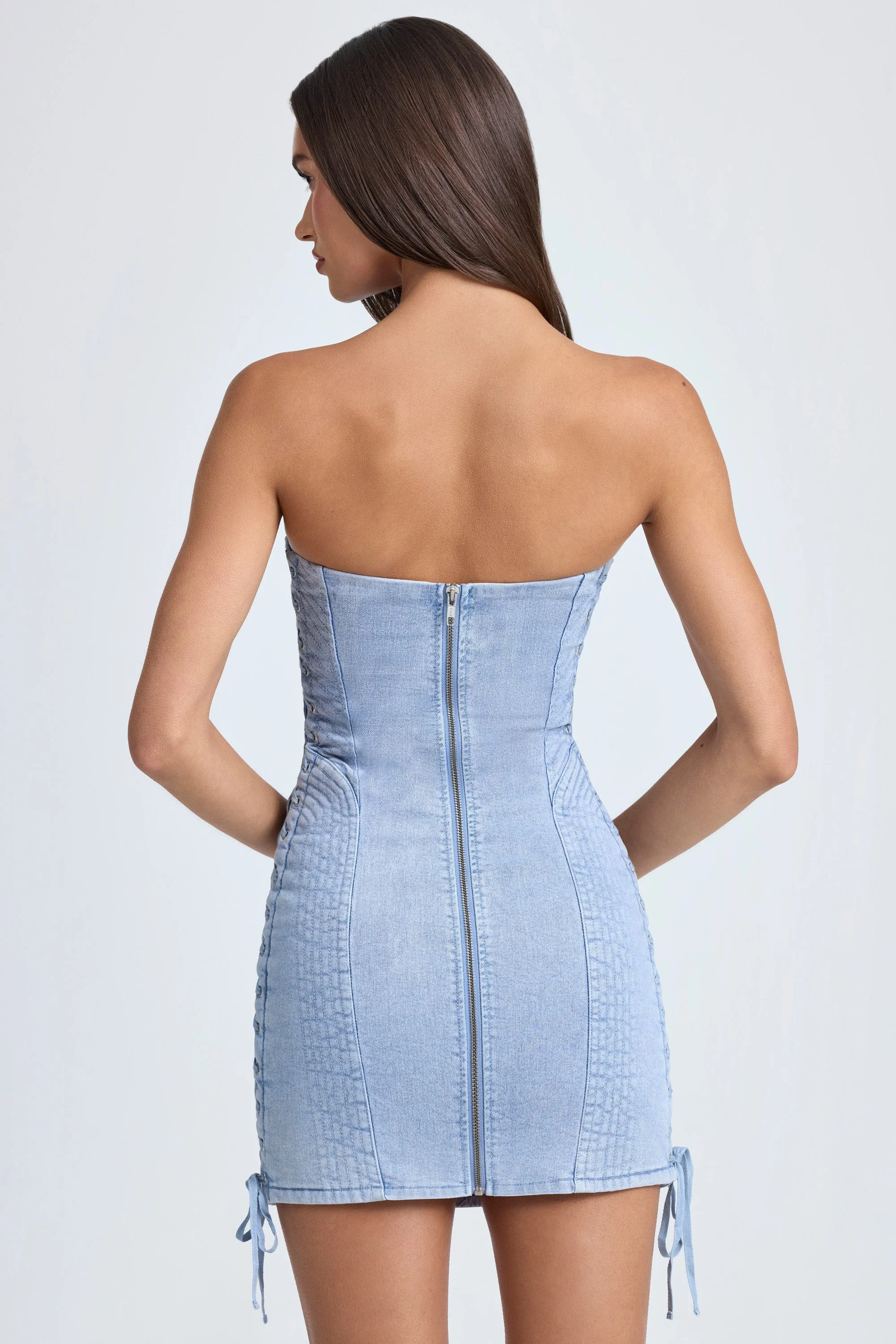 Bandeau Lace-Up Mini Dress in Light Blue Stonewash - Image 2