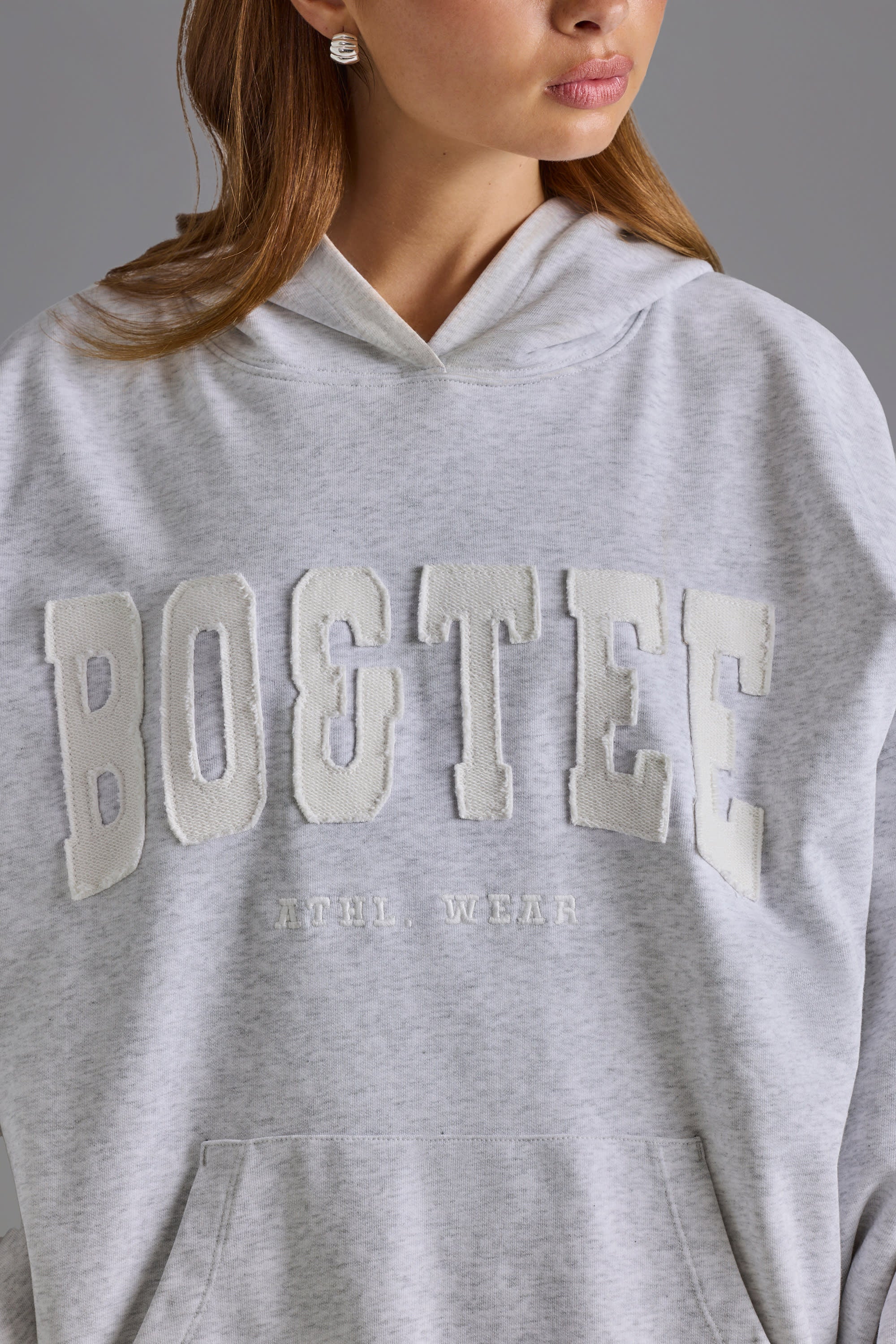 Cotton Fleece Appliqué Oversized Hoodie in Grey Marl - Image 4