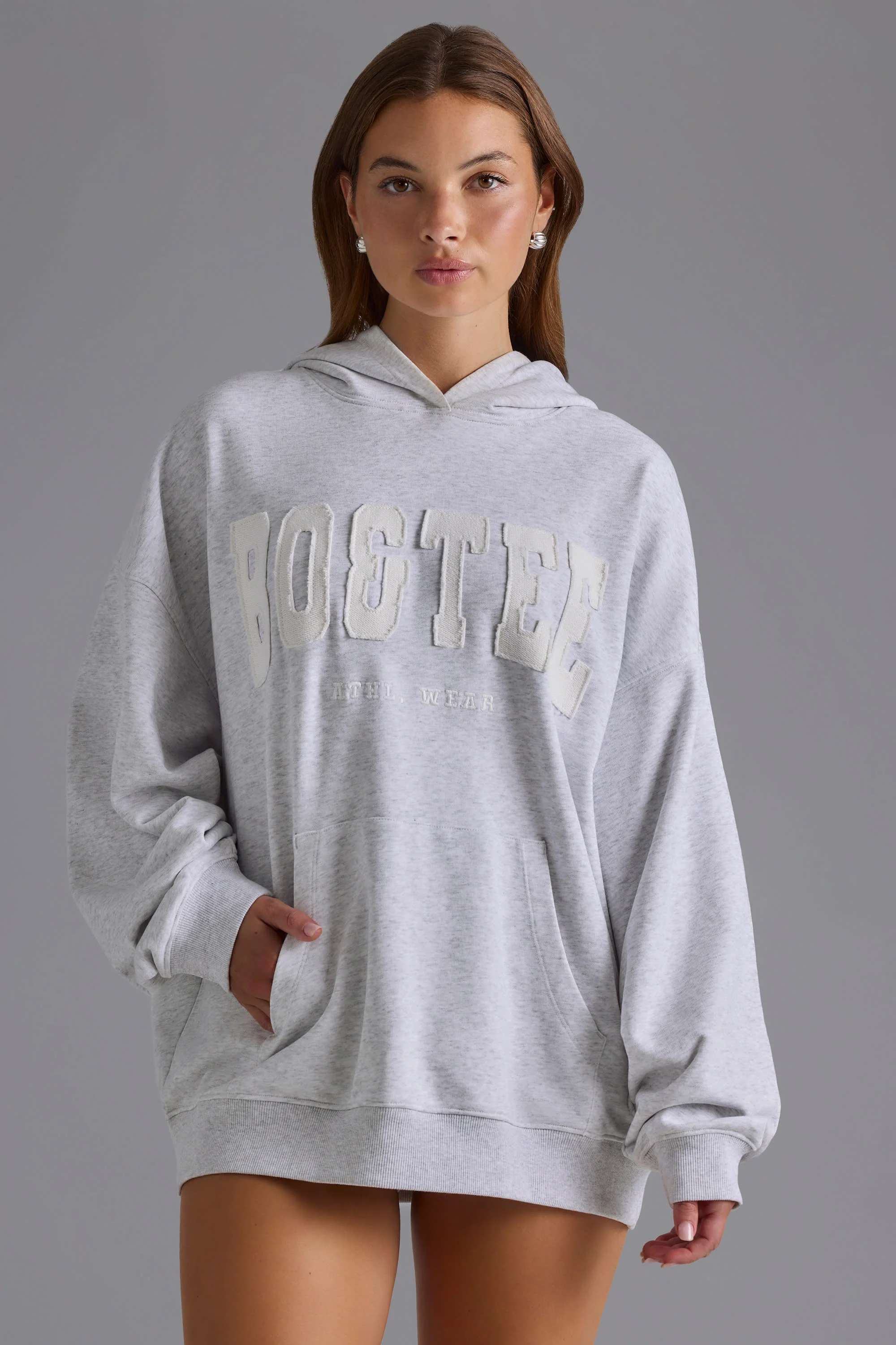 Cotton Fleece Appliqué Oversized Hoodie in Grey Marl - Image 7