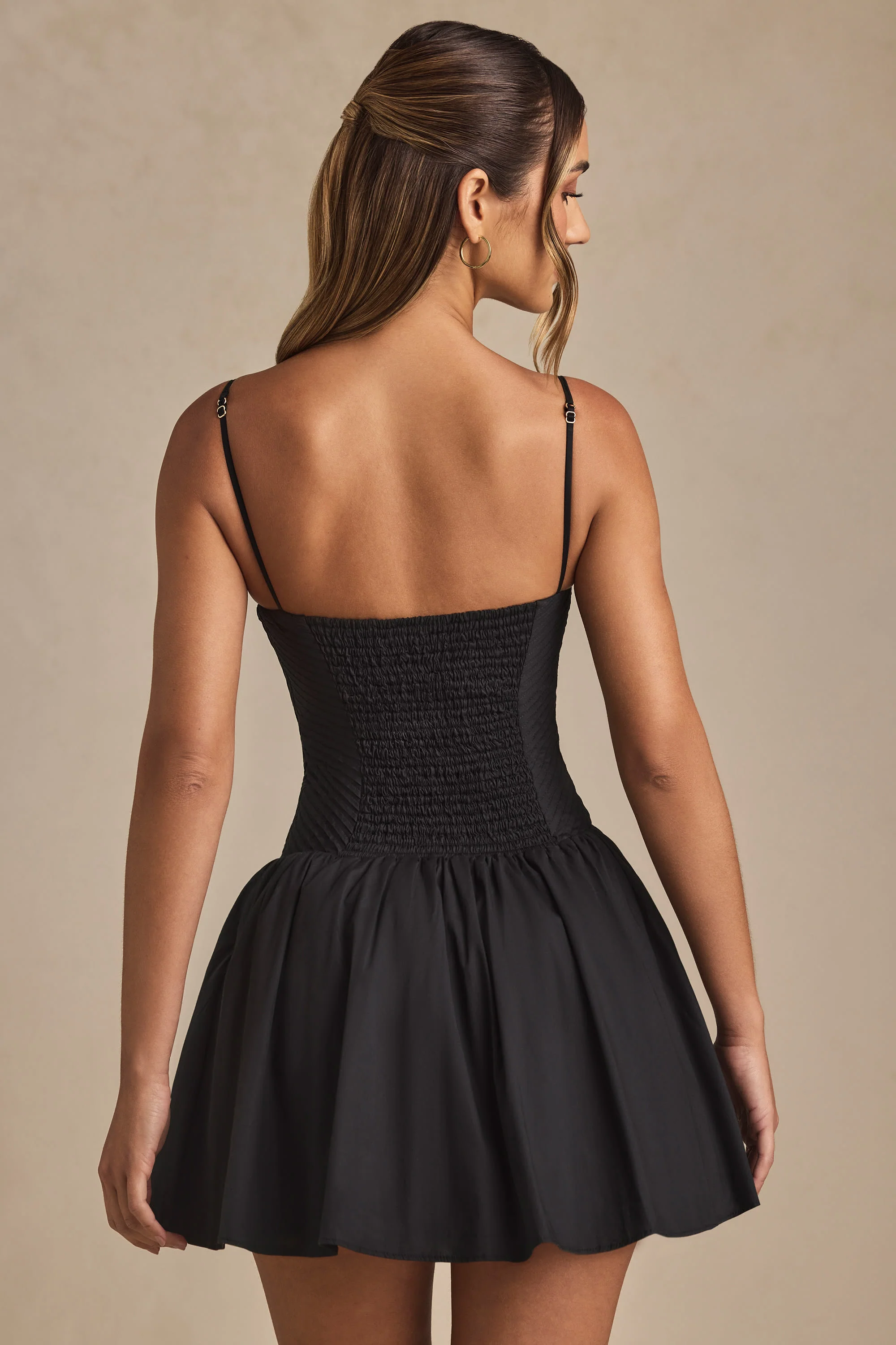 Pintucked Shirred Mini Dress in Black - Image 2